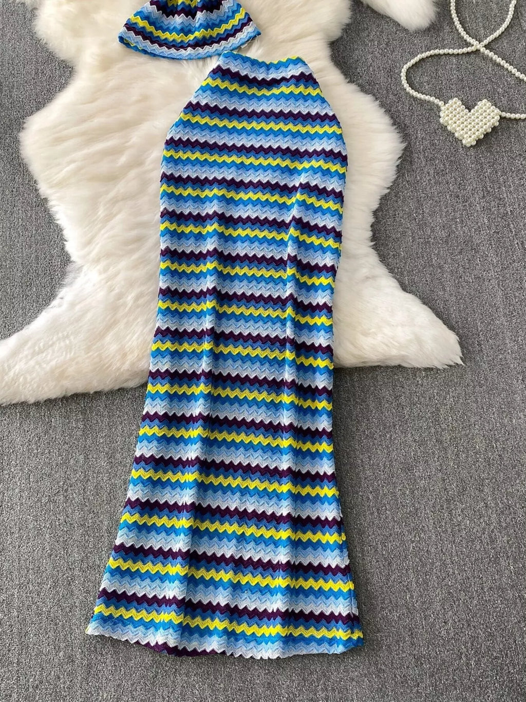 Striped Knitted Halter Top and Maxi Skirt Set