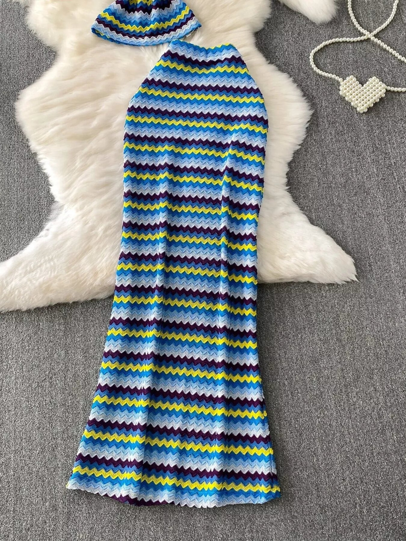 Striped Knitted Halter Top and Maxi Skirt Set