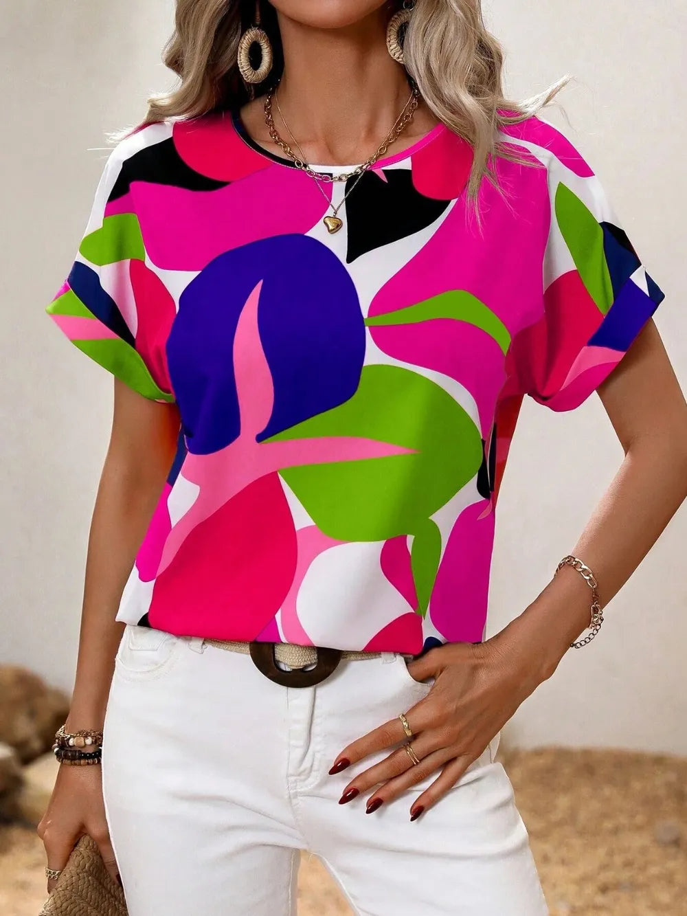 Contrast Round Neck Short Sleeve Blouse