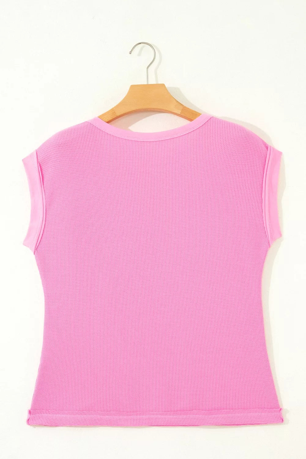 Solid Color Raw Seam Waffled Patchwork Casual T Shirt