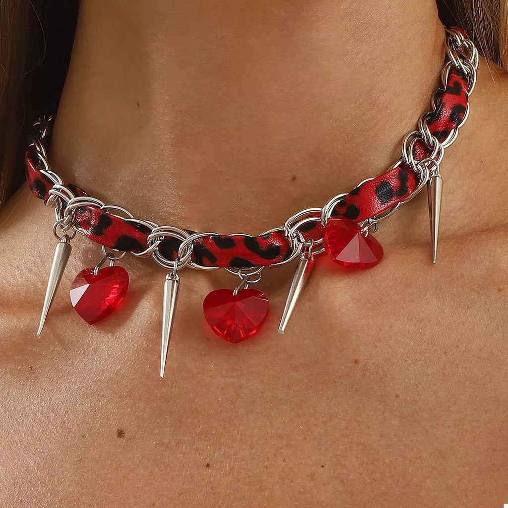 Heart Charm Choker Necklace with Metal Spikes
