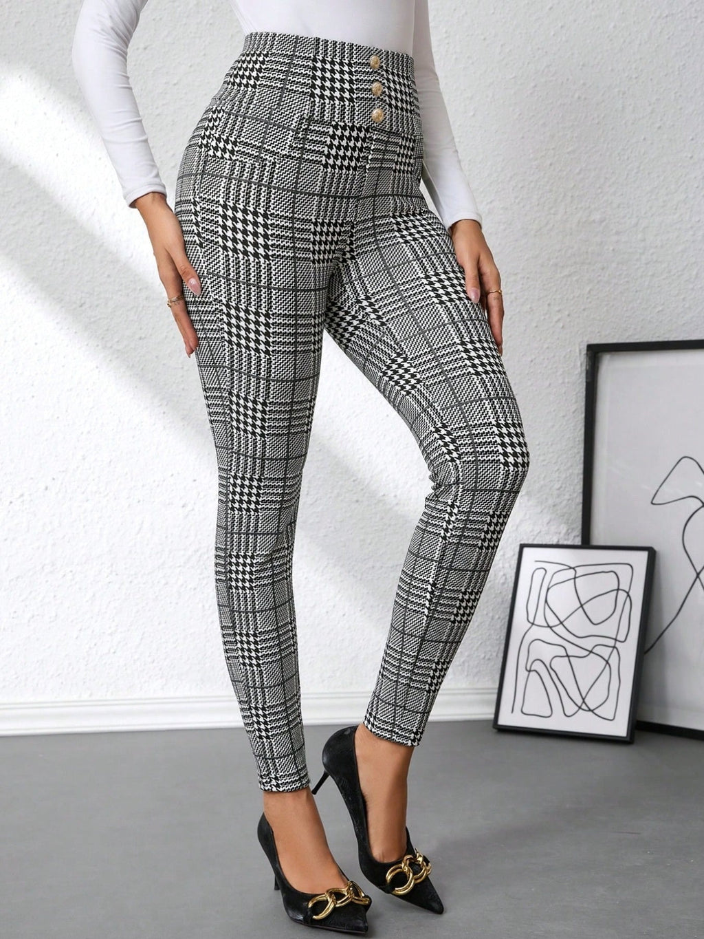 High Waist Plaid Slim Fit Pants