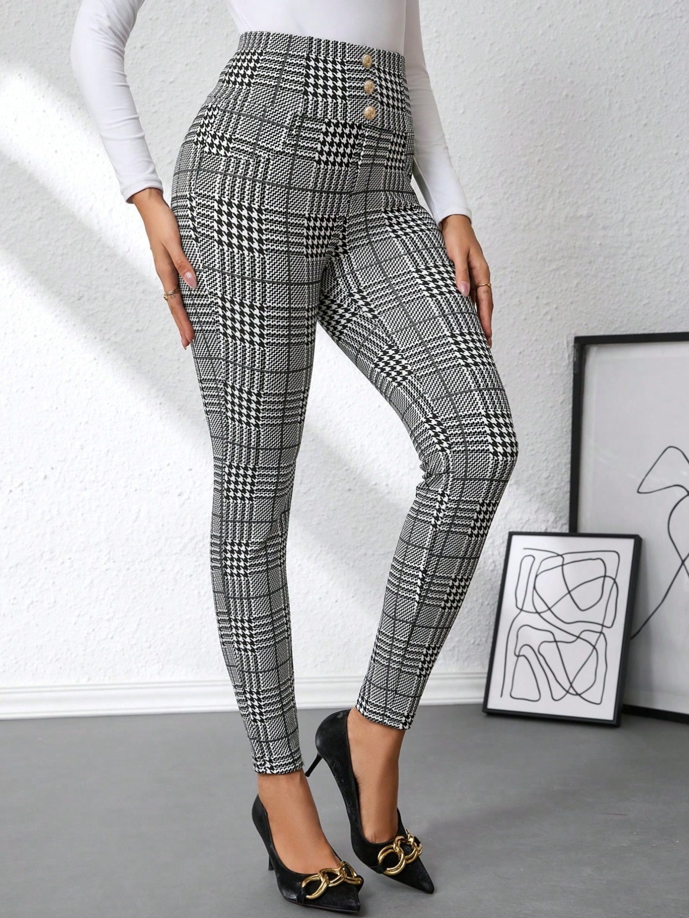 High Waist Plaid Slim Fit Pants