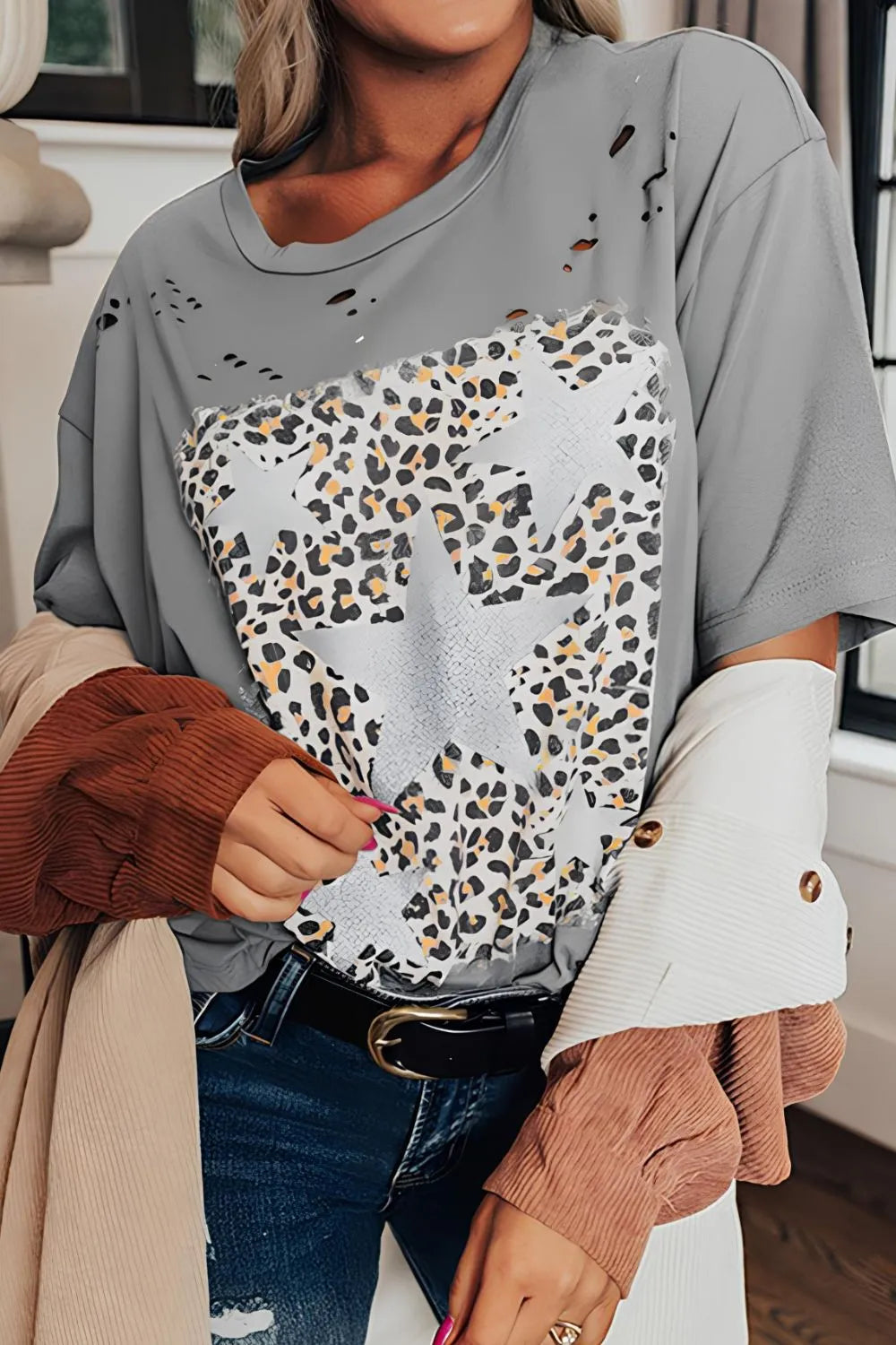 Stars Leopard Graphic Distressed T-Shirt