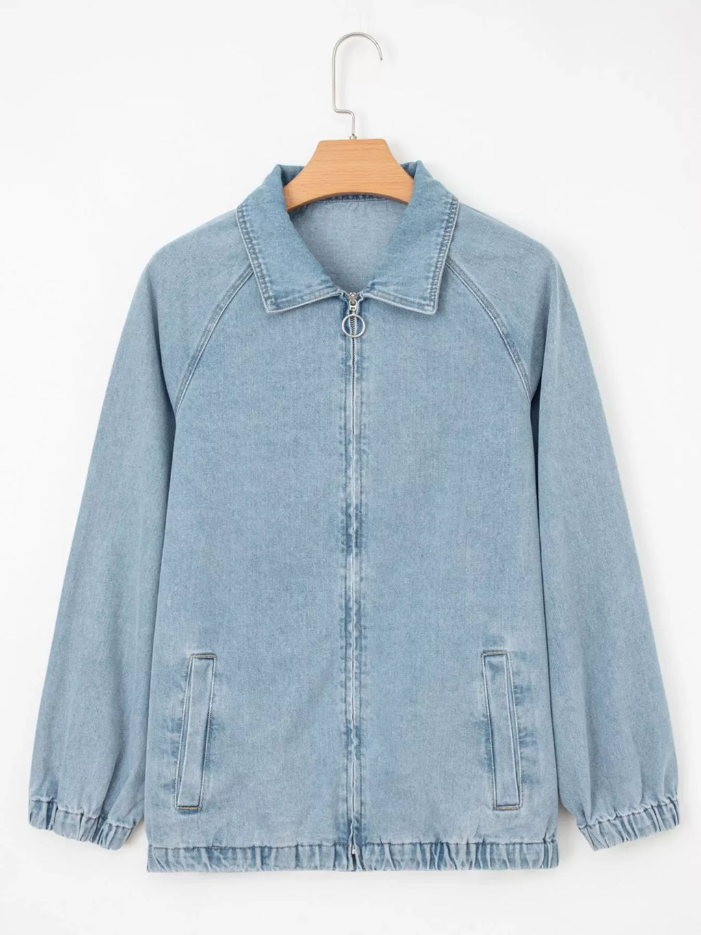 Elastic Edge Collared Zip Up Denim Jacket With Pocket
