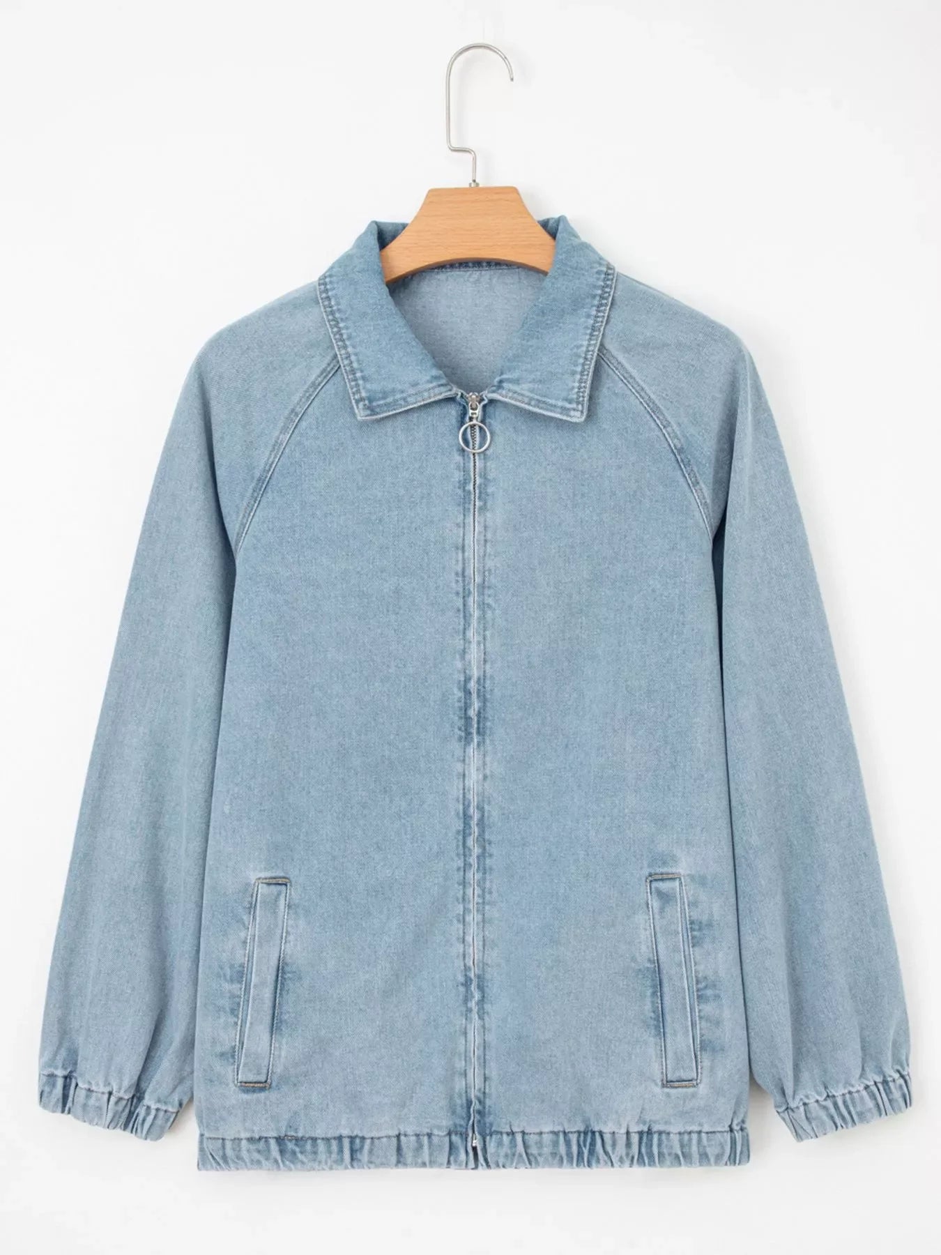 Elastic Edge Collared Zip Up Denim Jacket With Pocket