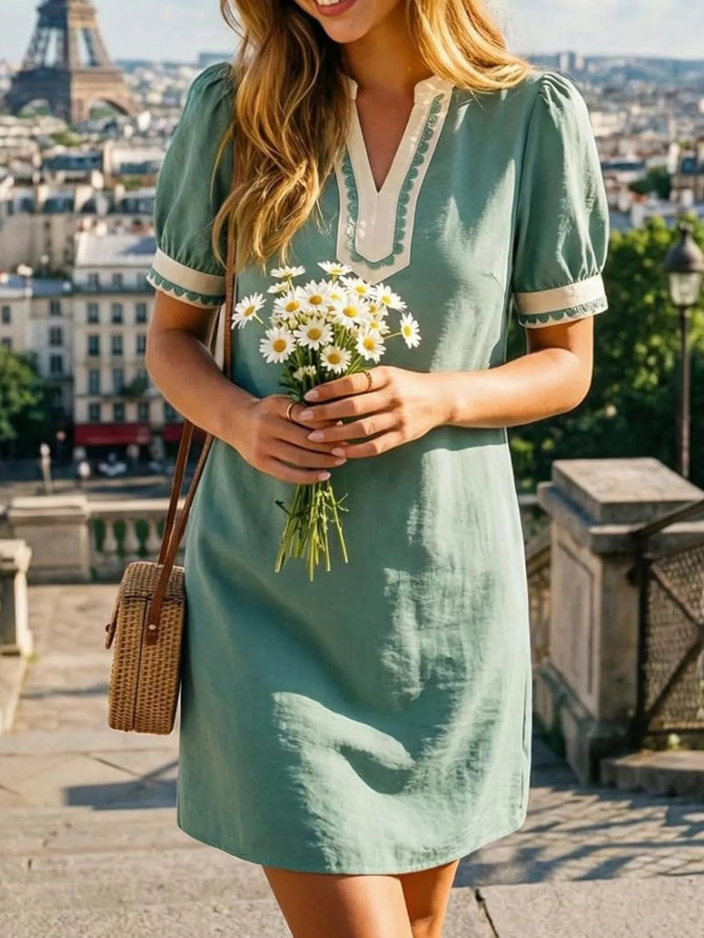 Notched Puff Sleeve Mini Dress