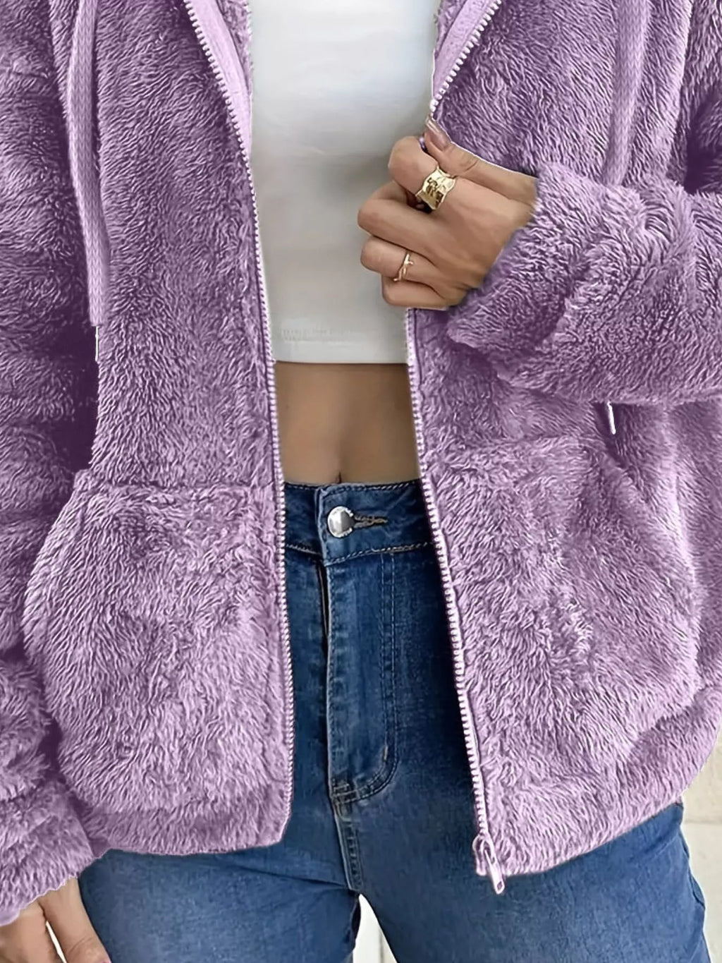 Drawstring Fleece Zip-Up Outerwear