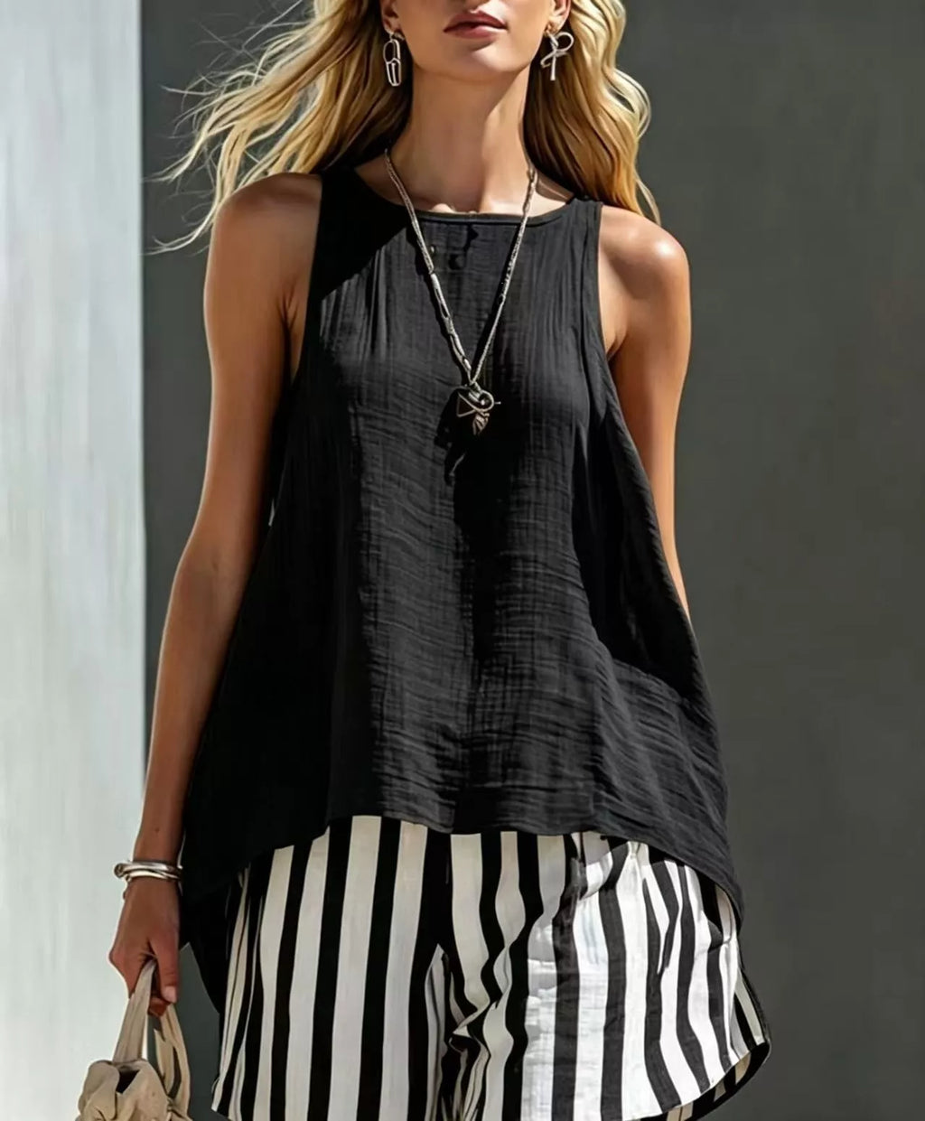 Round Neck Tank and Striped Shorts Set
