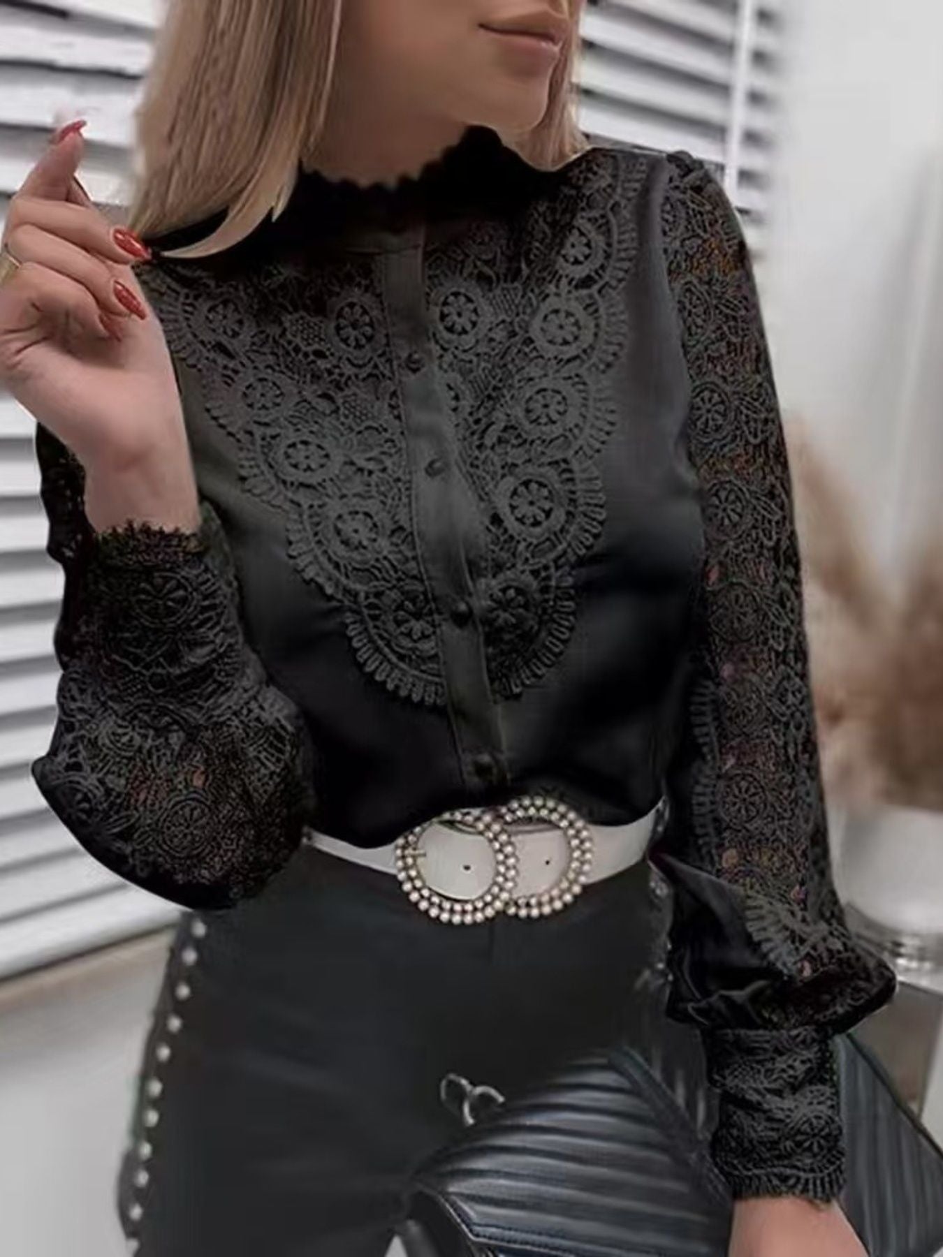 Elegant Lace Detail Long Sleeve Button Down Shirt