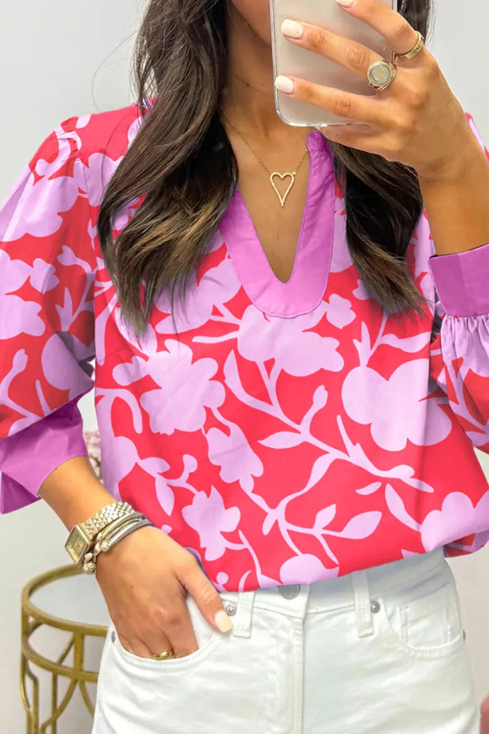 Printed Notched Long Sleeve Blouse