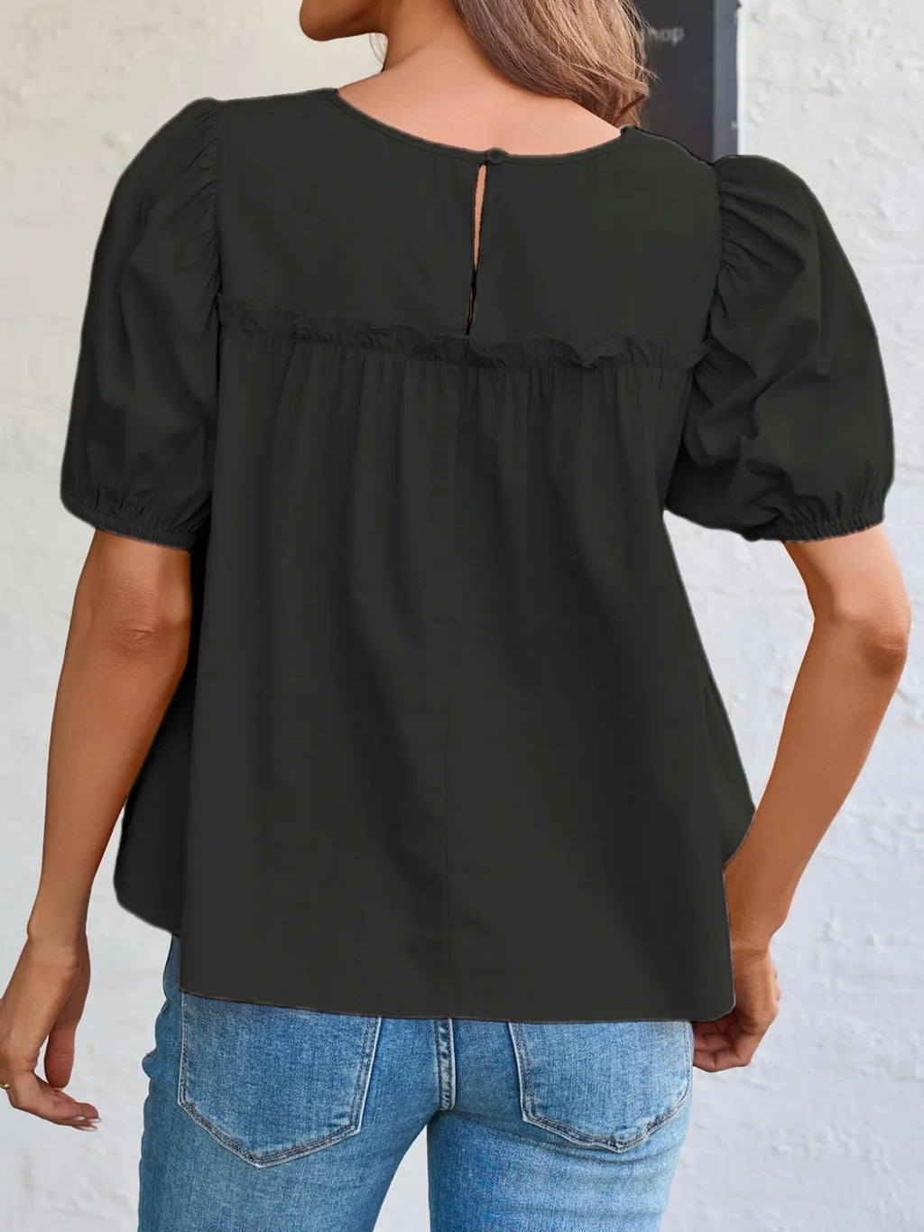 Tiered Round Neck Puff Sleeve Ruched Blouse