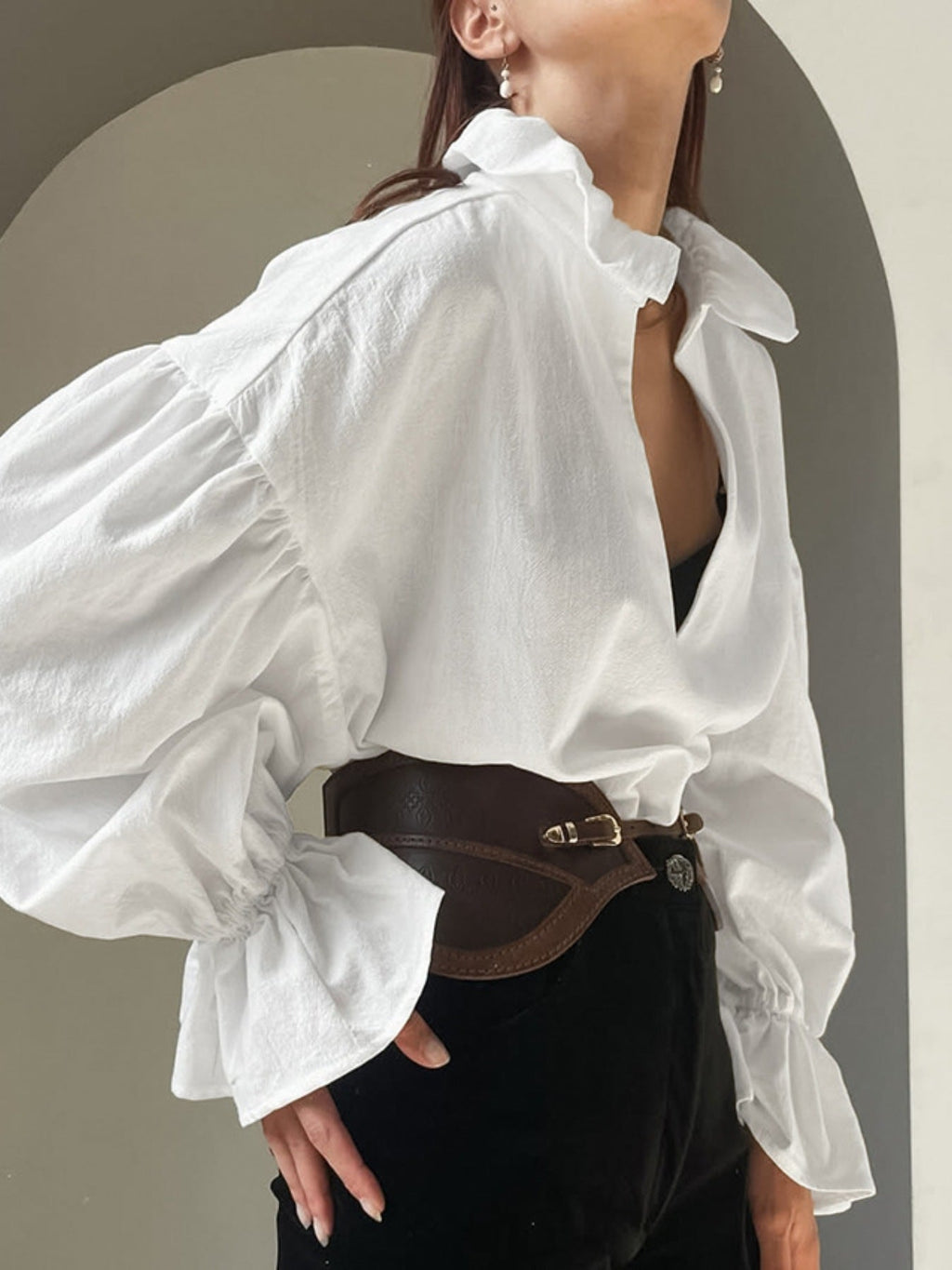 Notched Flounce Sleeve Blouse