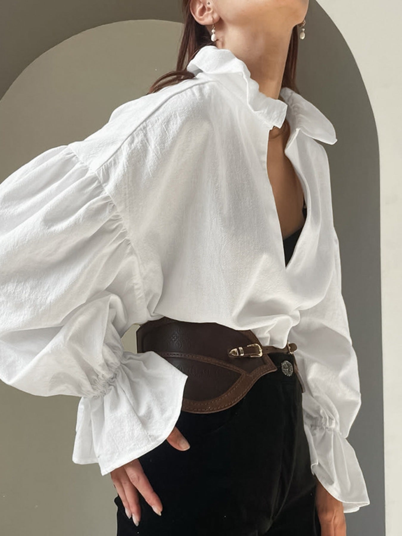 Notched Flounce Sleeve Blouse