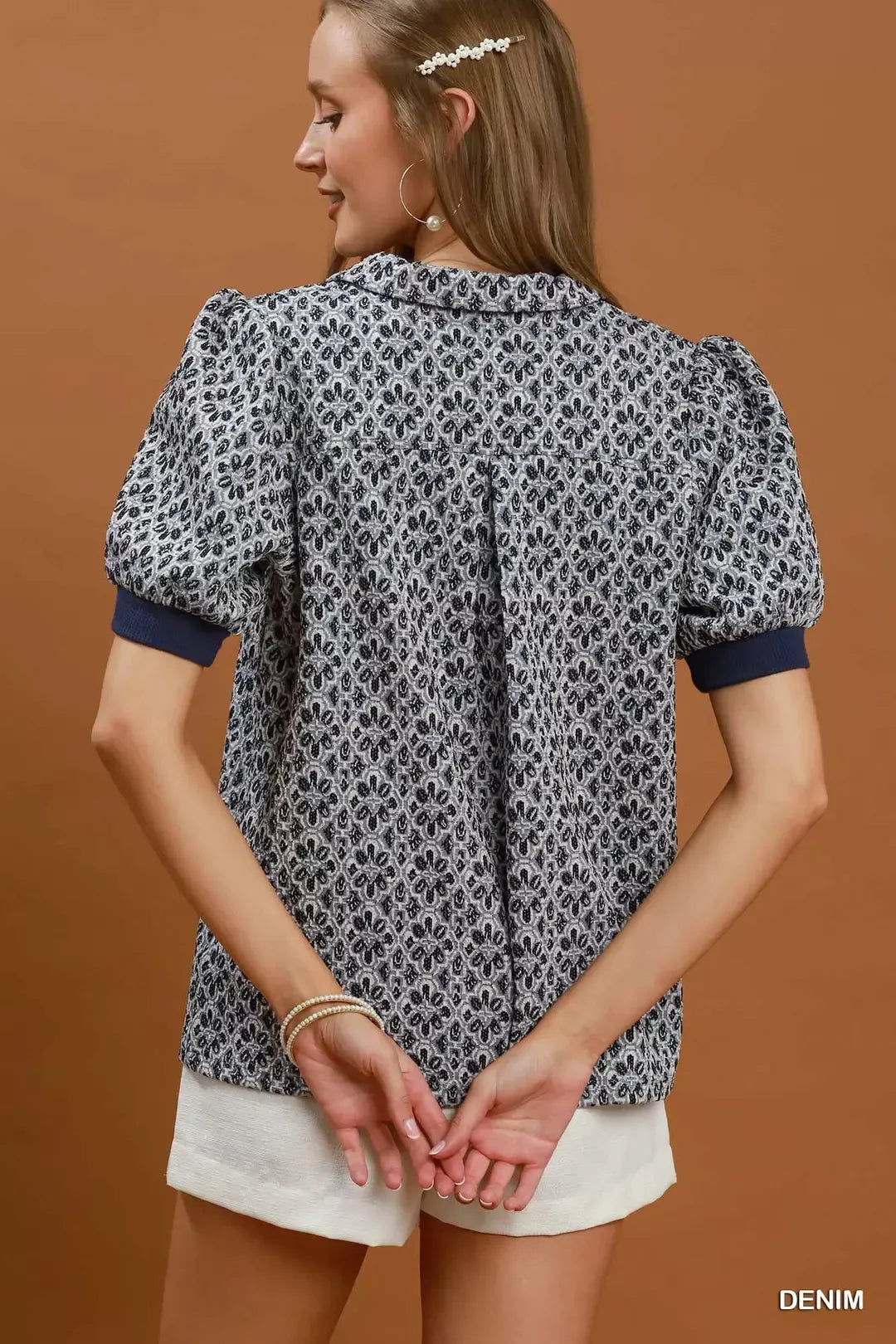 Umgee Printed Collared Puff Sleeve Top