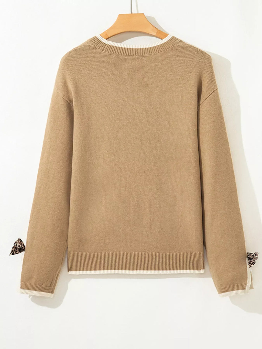 Leopard Bow Decor Split Cuff Contrast Trim Sweater