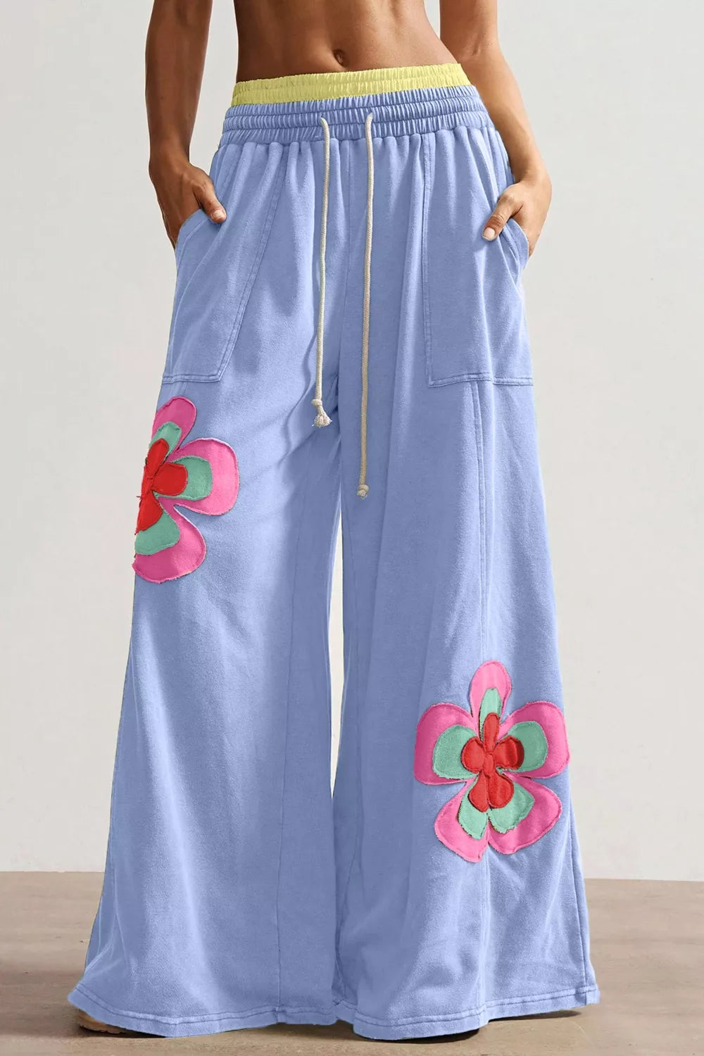 Color Block Flower Patchwork Drawstring Contrasted Elastic Waist Wide Leg Pants