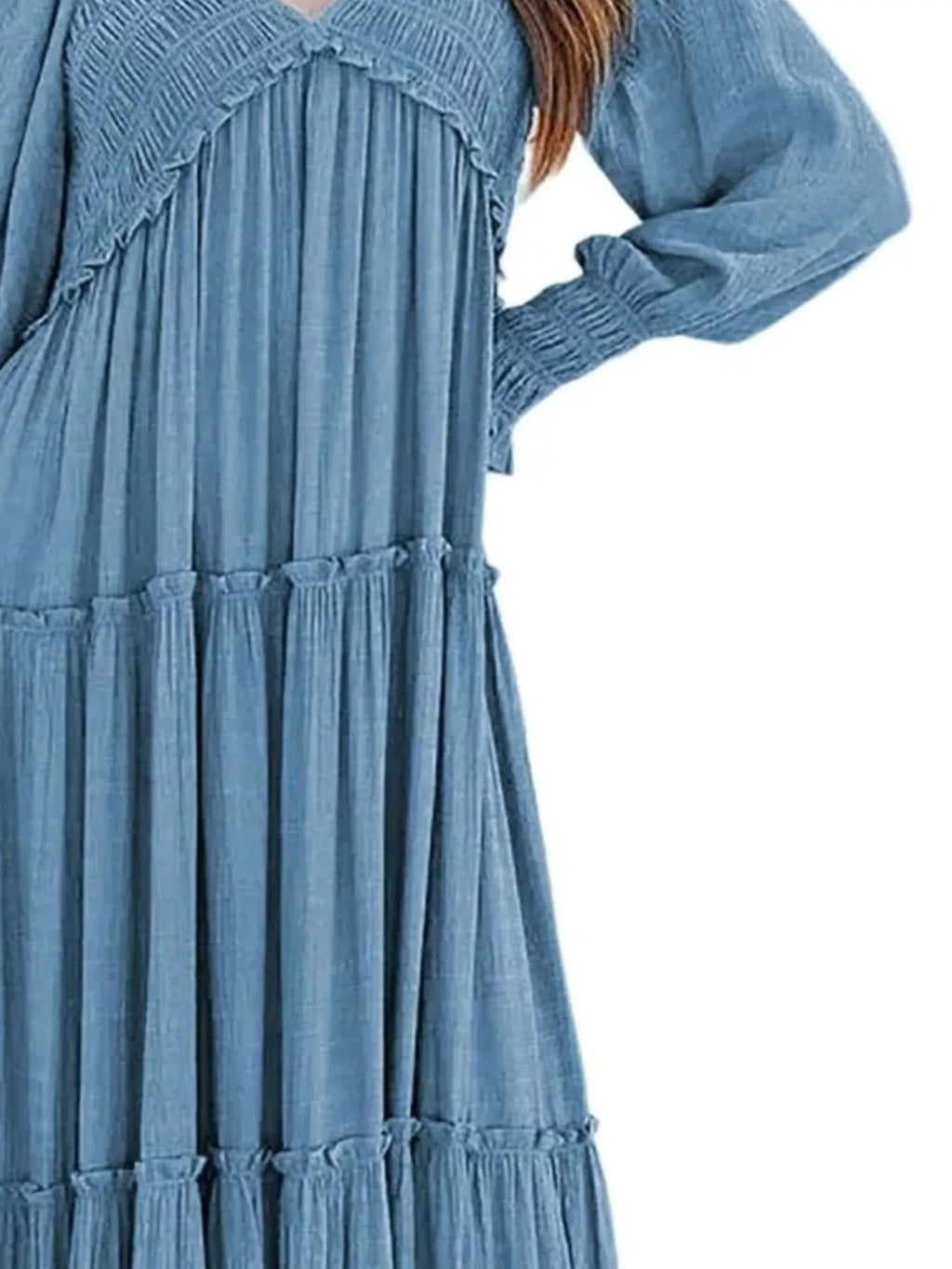 V-Neck Long Sleeve Tiered Maxi Dress