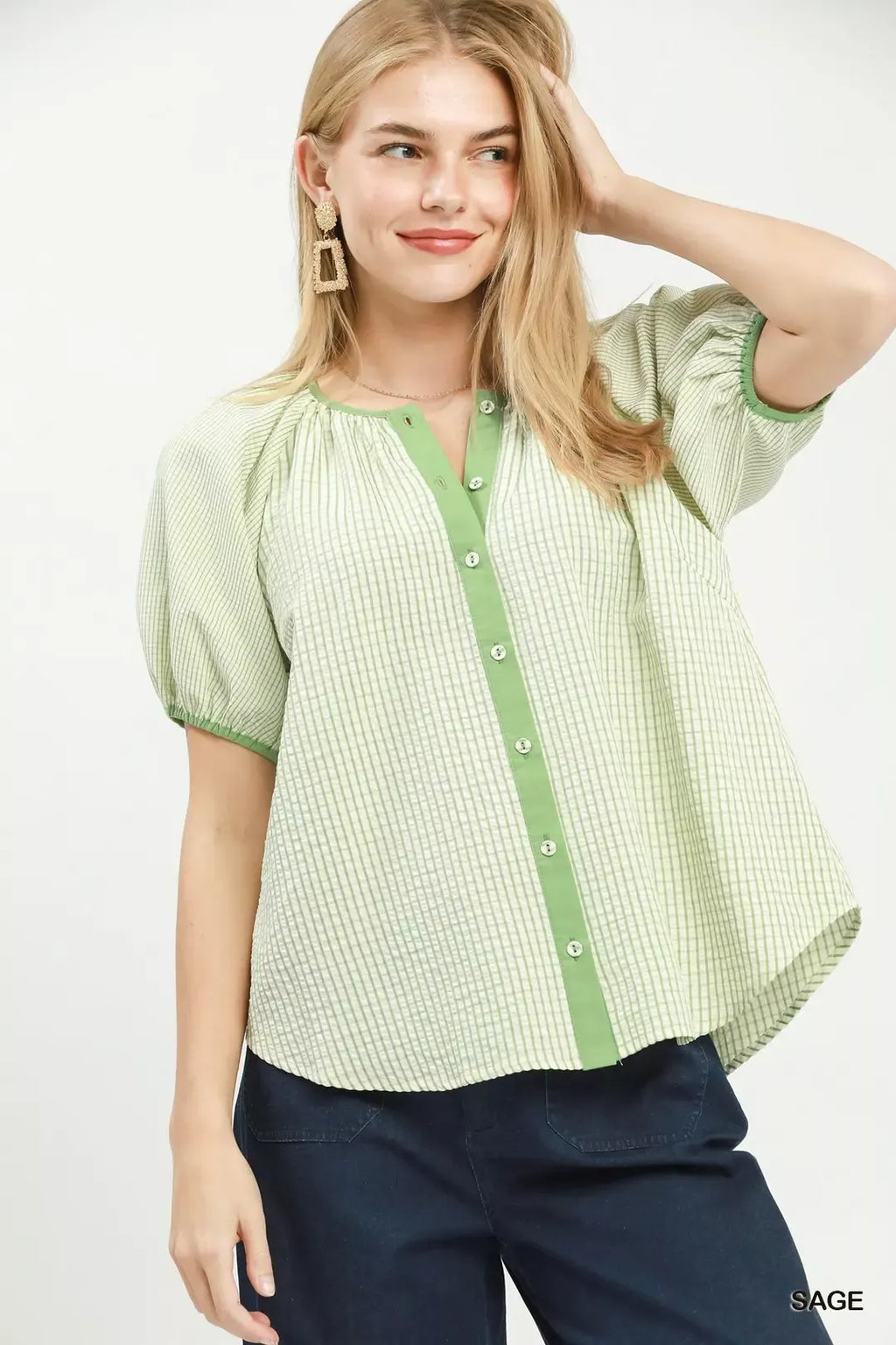 Umgee Checker Puff Sleeve Button Front Blouse