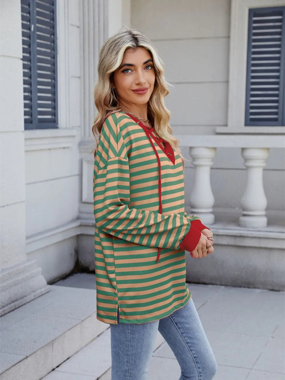 Lace-Up Striped Long Sleeve T-Shirt