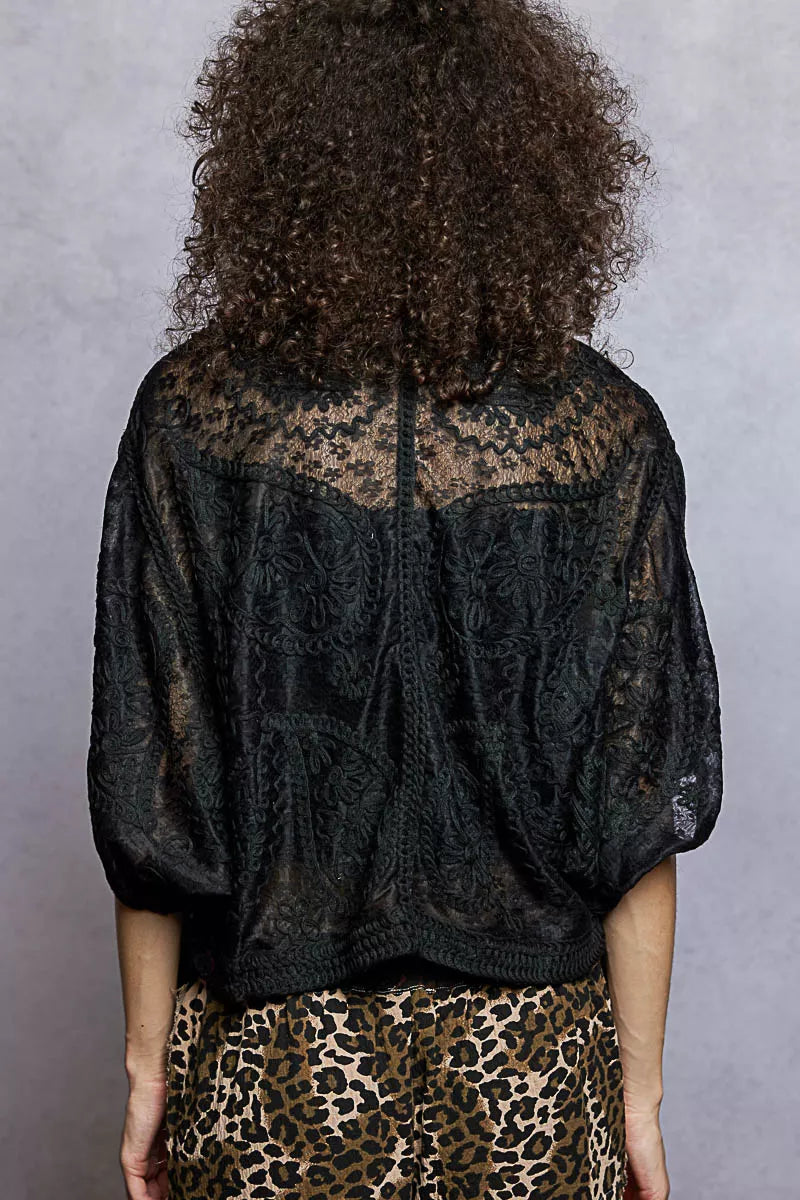 POL Open Front Crochet Cardigan with Floral Embroidery