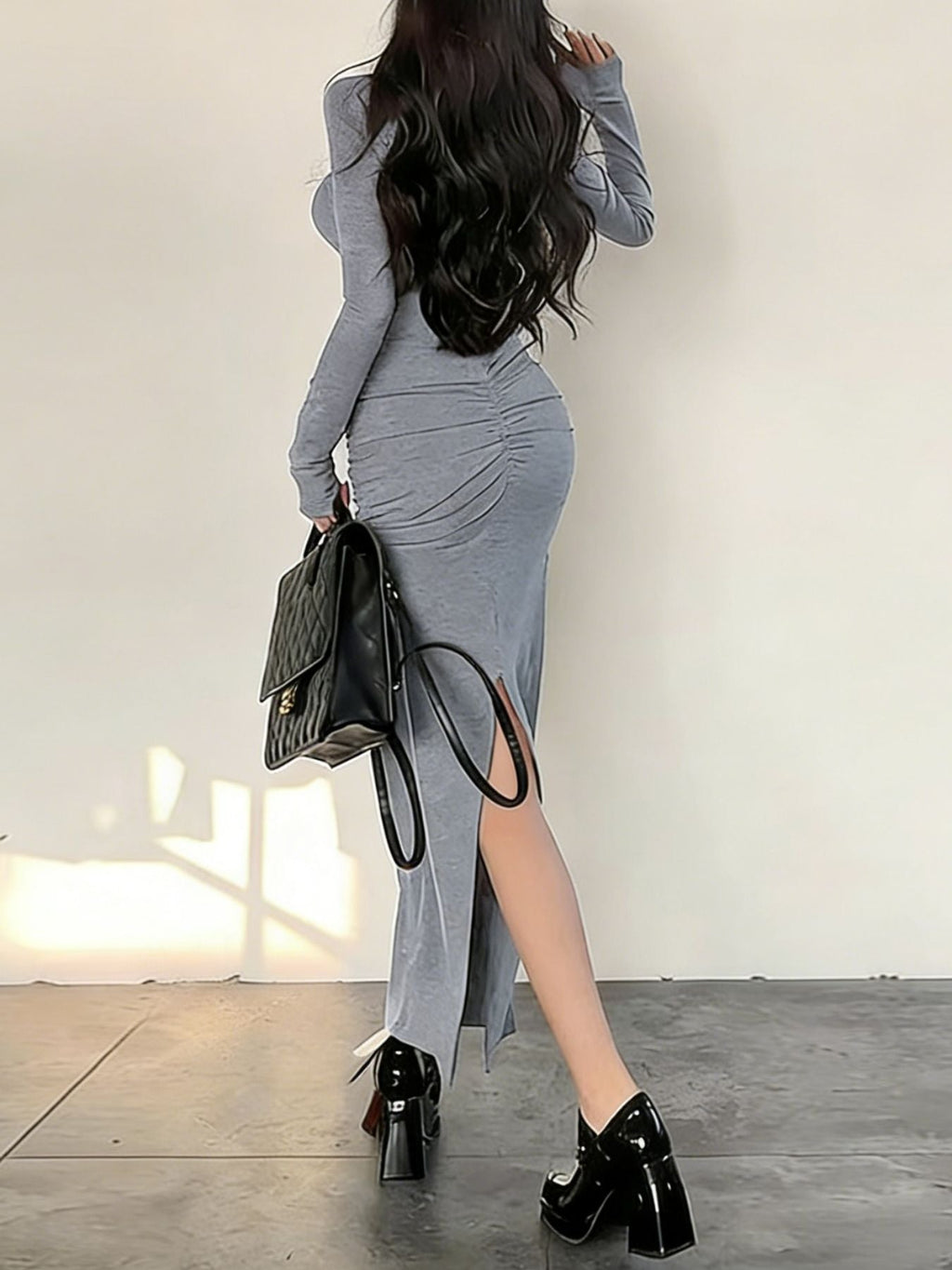 Slit Long Sleeve Bodycon Maxi Dress