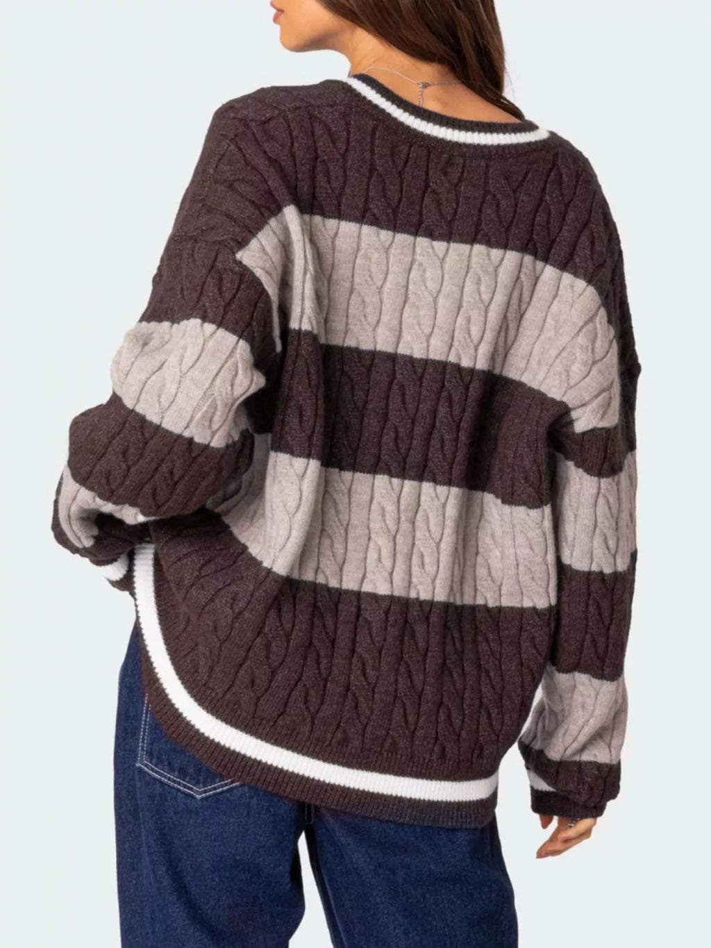 Striped Cable Knit V-Neck Sweater