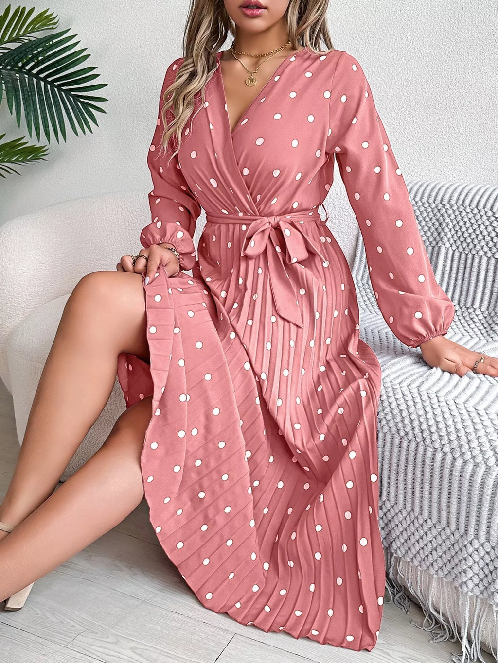 Front Tie Polka Dot Midi Pleated Dress