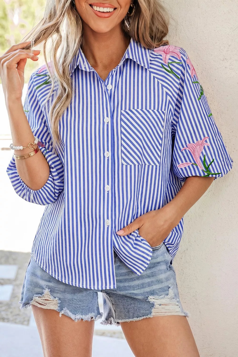 Striped Floral Embroidered Puff Sleeve Button Down Shirt