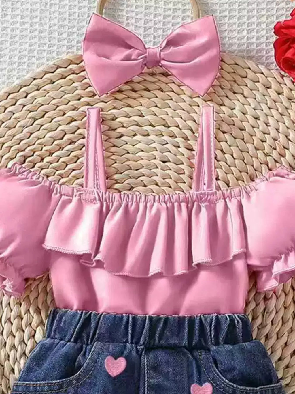 Children's Ruffled Top & Heart Embroidered Denim Shorts Set
