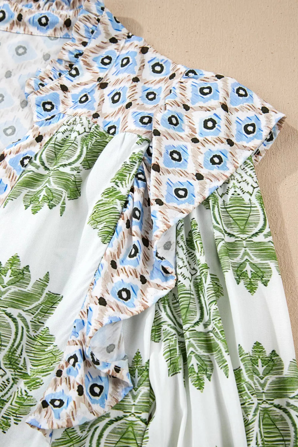 Floral Print Contrast Patchwork Ruffle Detail Mini Dress