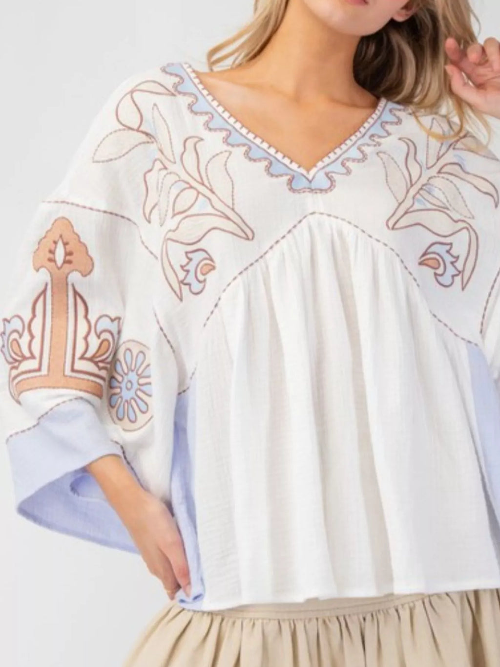 Printed V-Neck Top with Contrast Trim Details