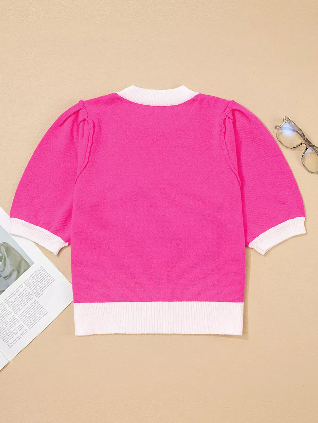 XOXO Valentines Contrast Trim Crew Neck Short Sleeve Sweater