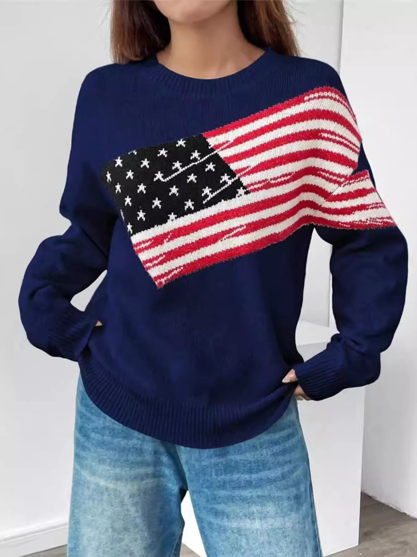 US Flag Round Neck Long Sleeve Sweater