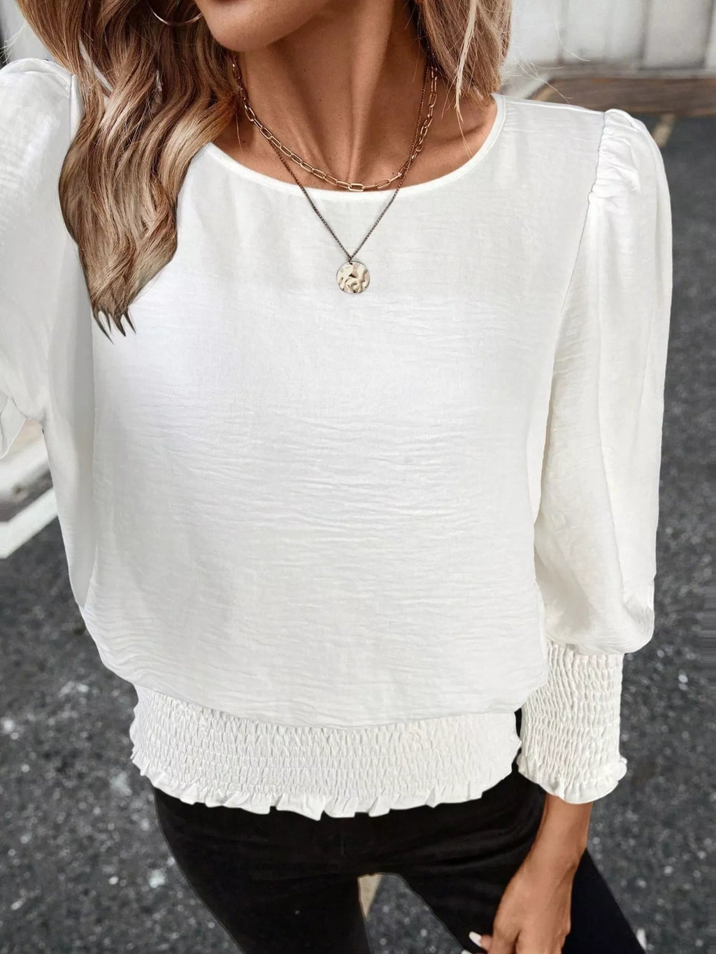 Smocked Waist Round Neck Blouse