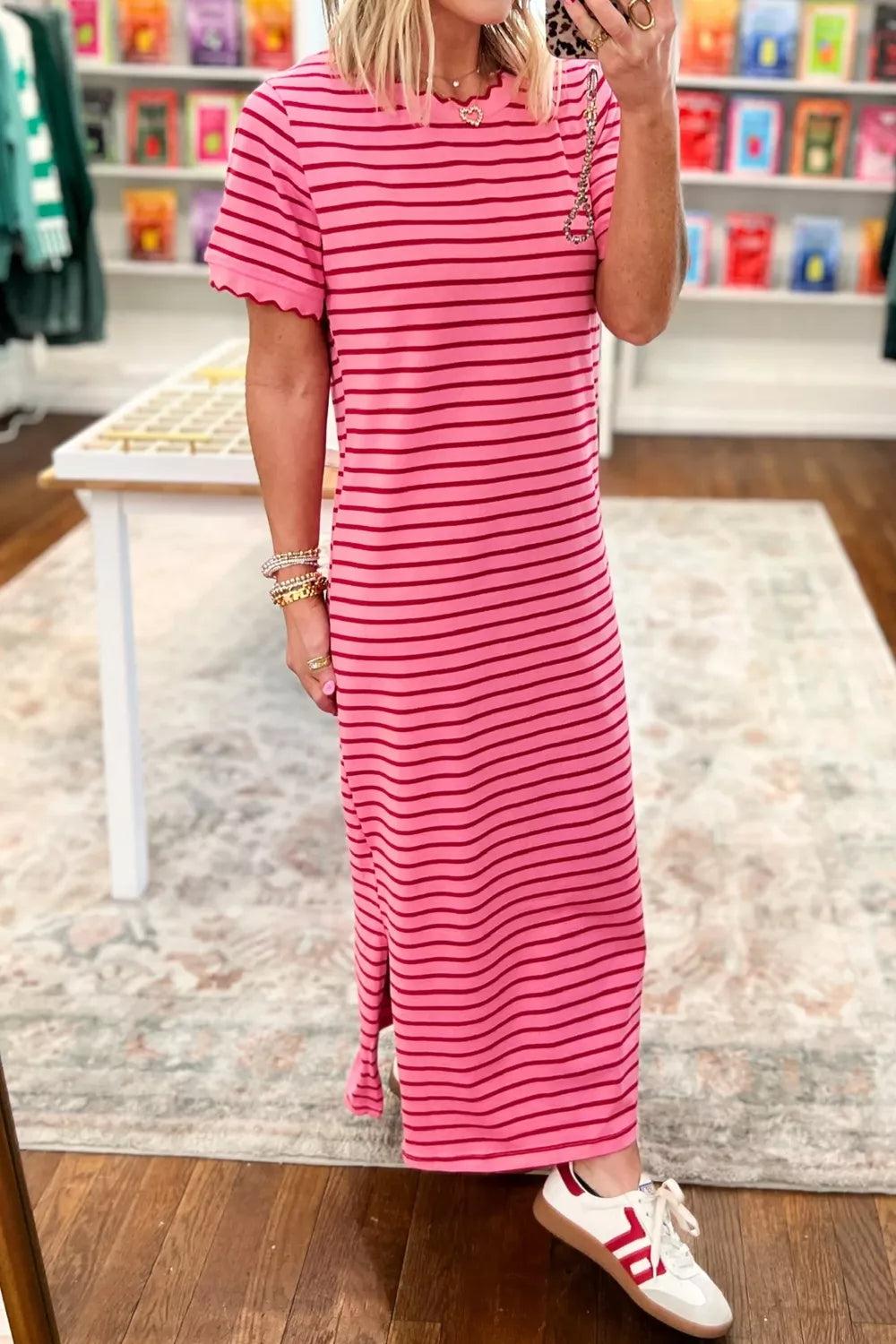 Stripe Striped Short Sleeve Scalloped Trim Side Slit Maxi Tee Dress