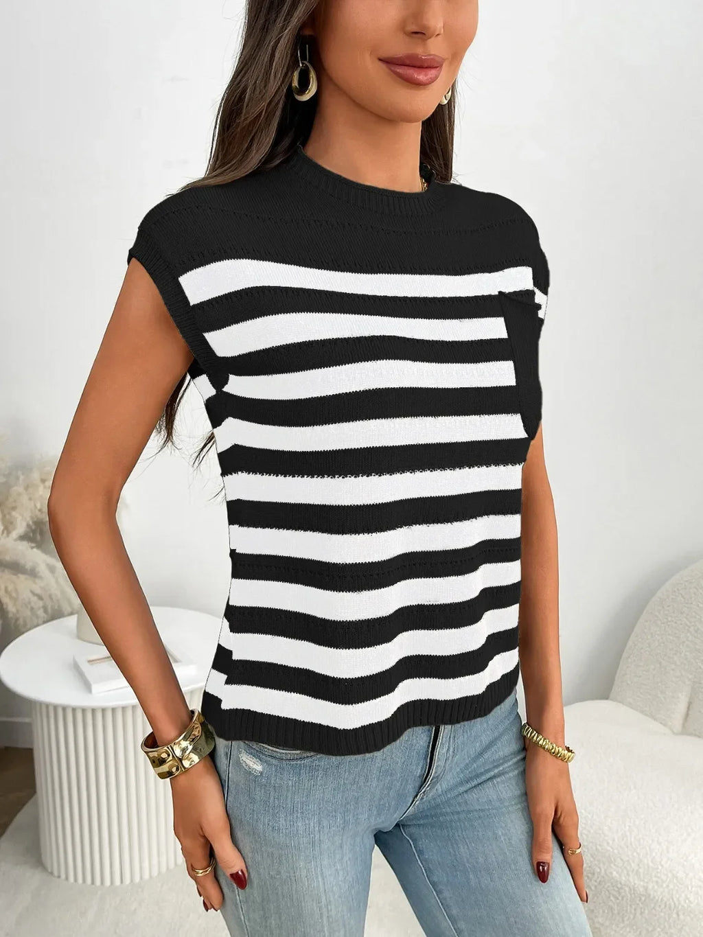 Striped Mock Neck Cap Sleeve Knit Top