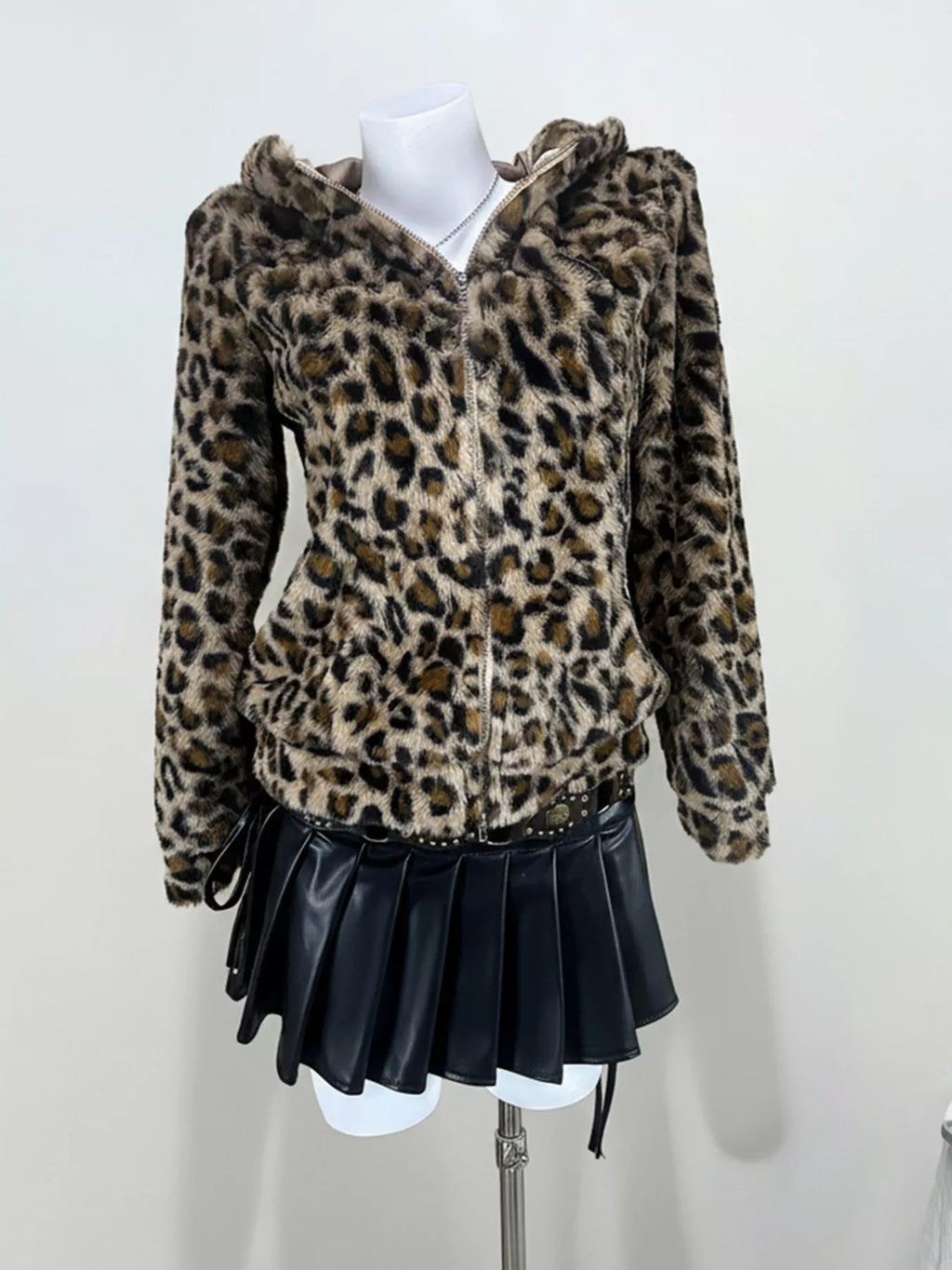 Leopard Plush Zip-Up Hooded Outerwear