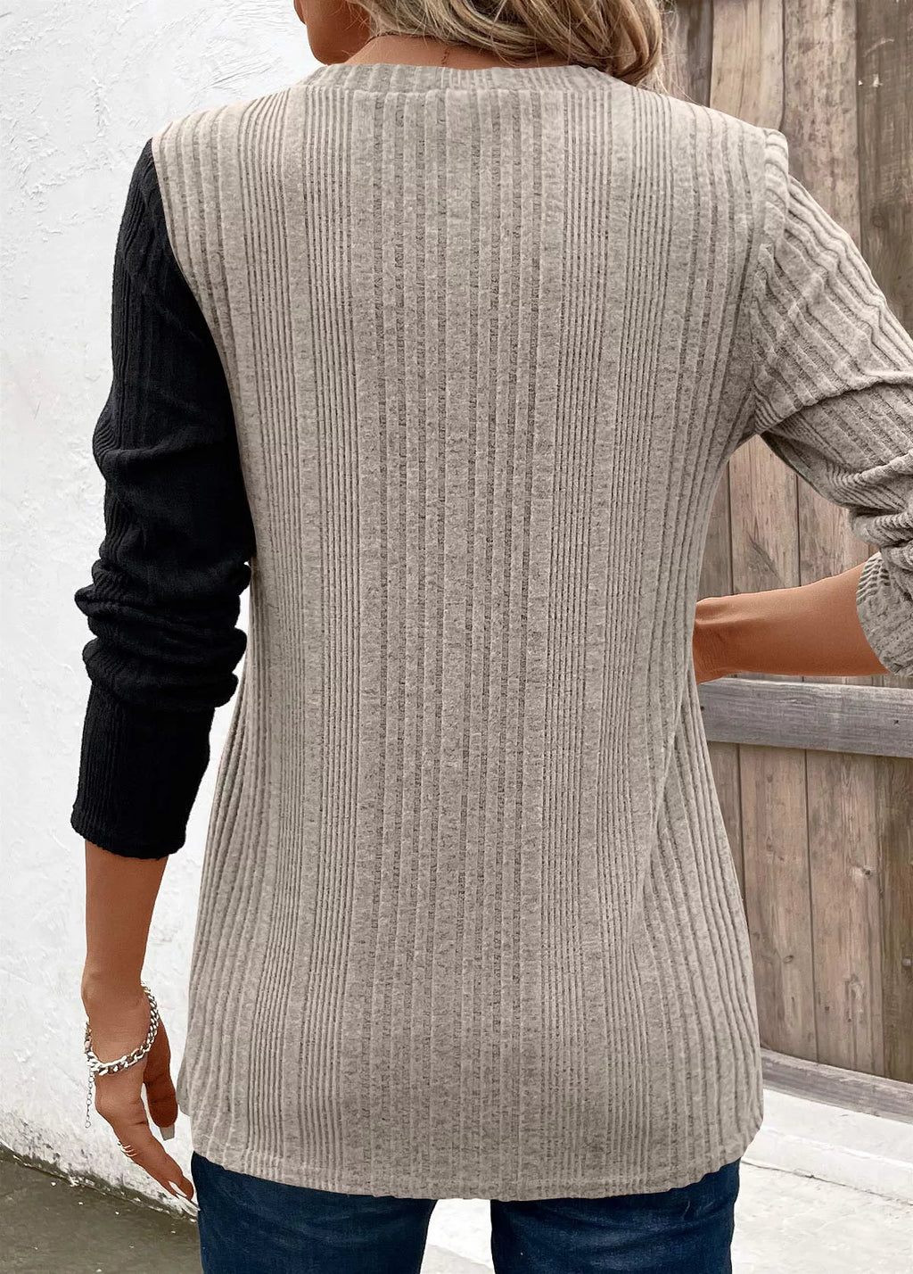 Color Block Ribbed Knit Decor Button T-Shirt