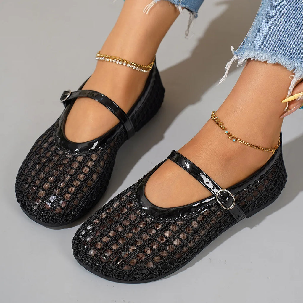 Woven Mesh Mary Jane Sandals with Buckle Strap