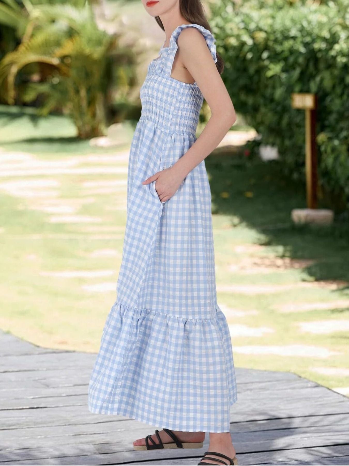 Ruffled Sleeveless Gingham Midi Dress