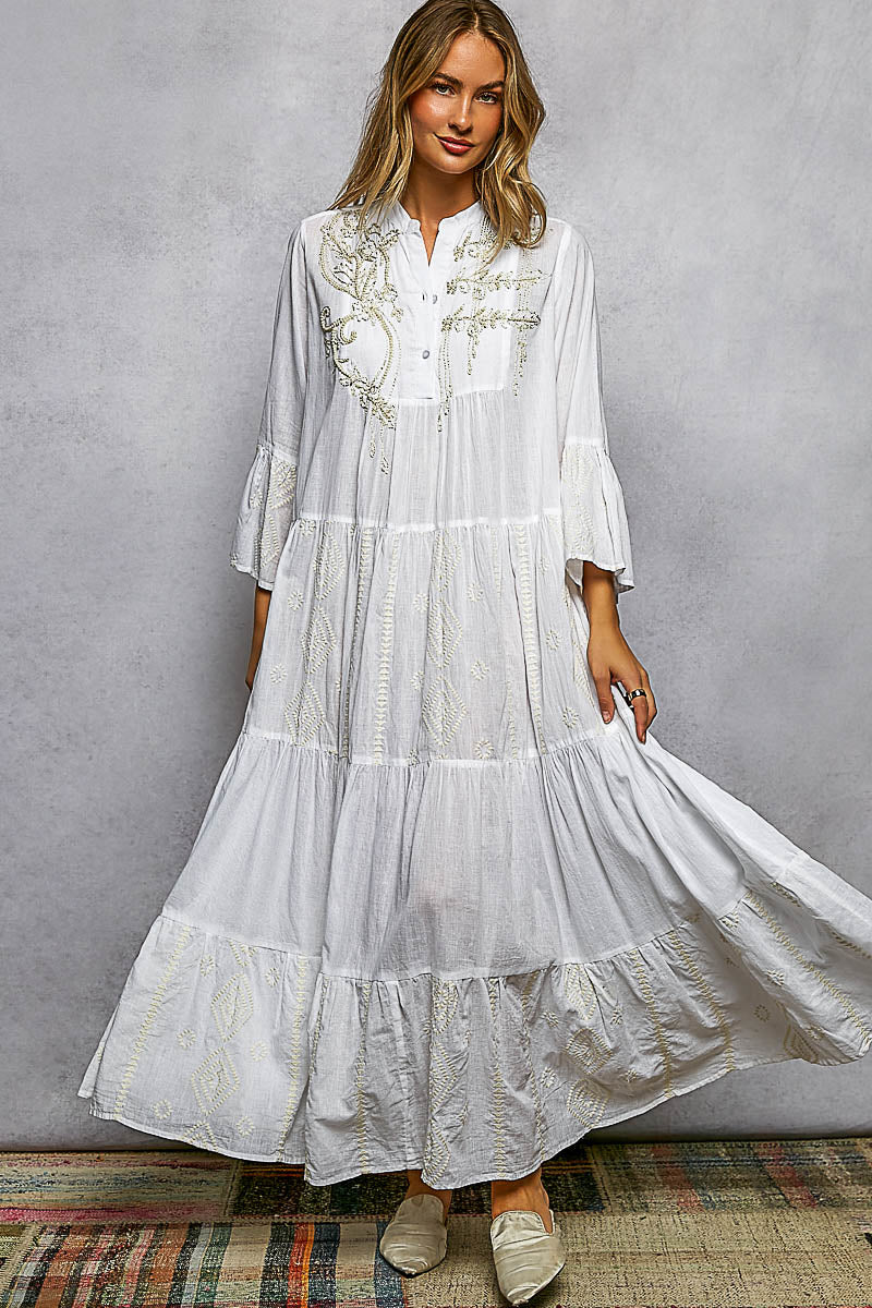 POL Embroidered Floral Tiered Maxi Dress