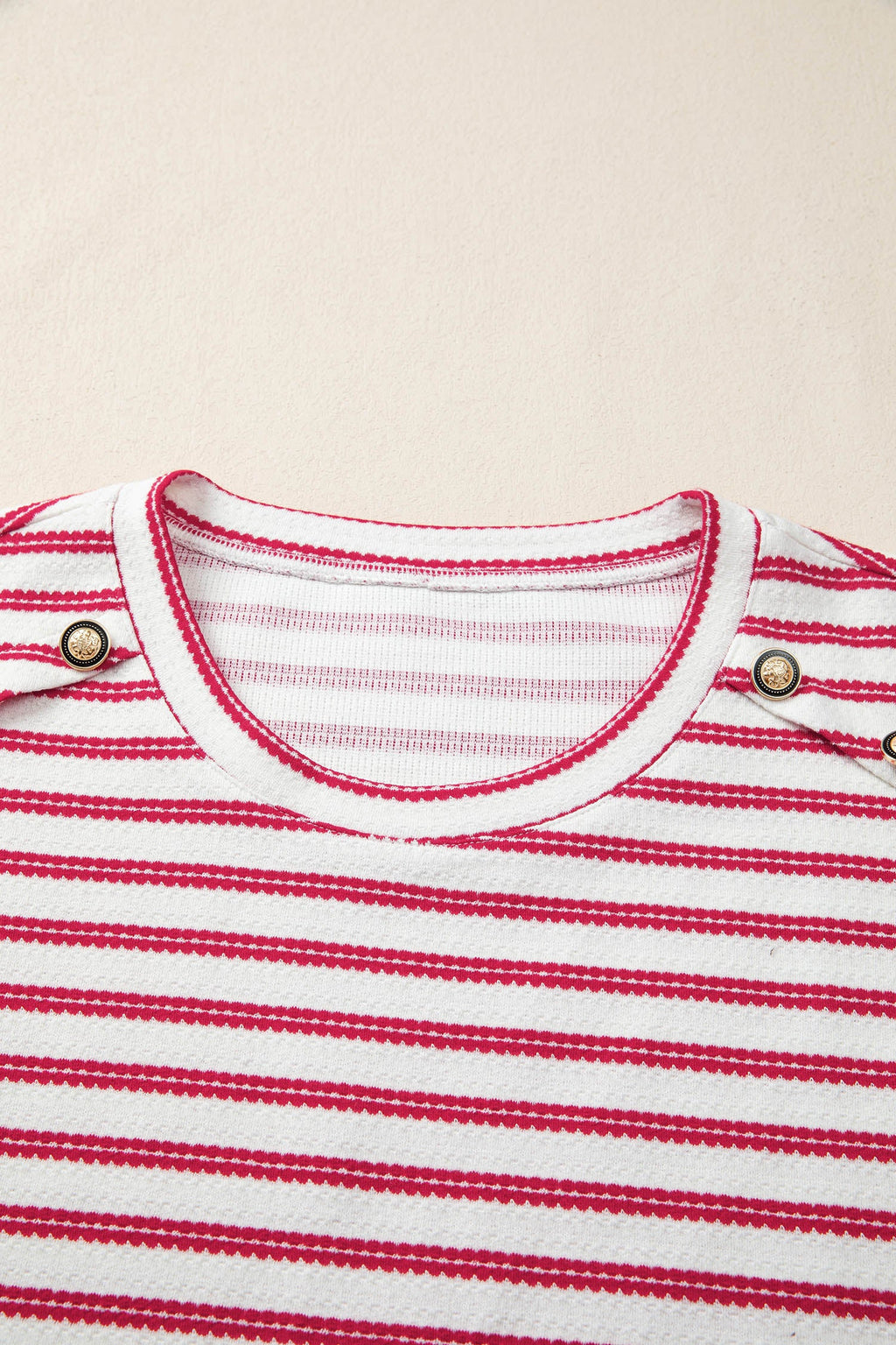 Stripe Textured Knit Button Detail Short Sleeve Casual Tee