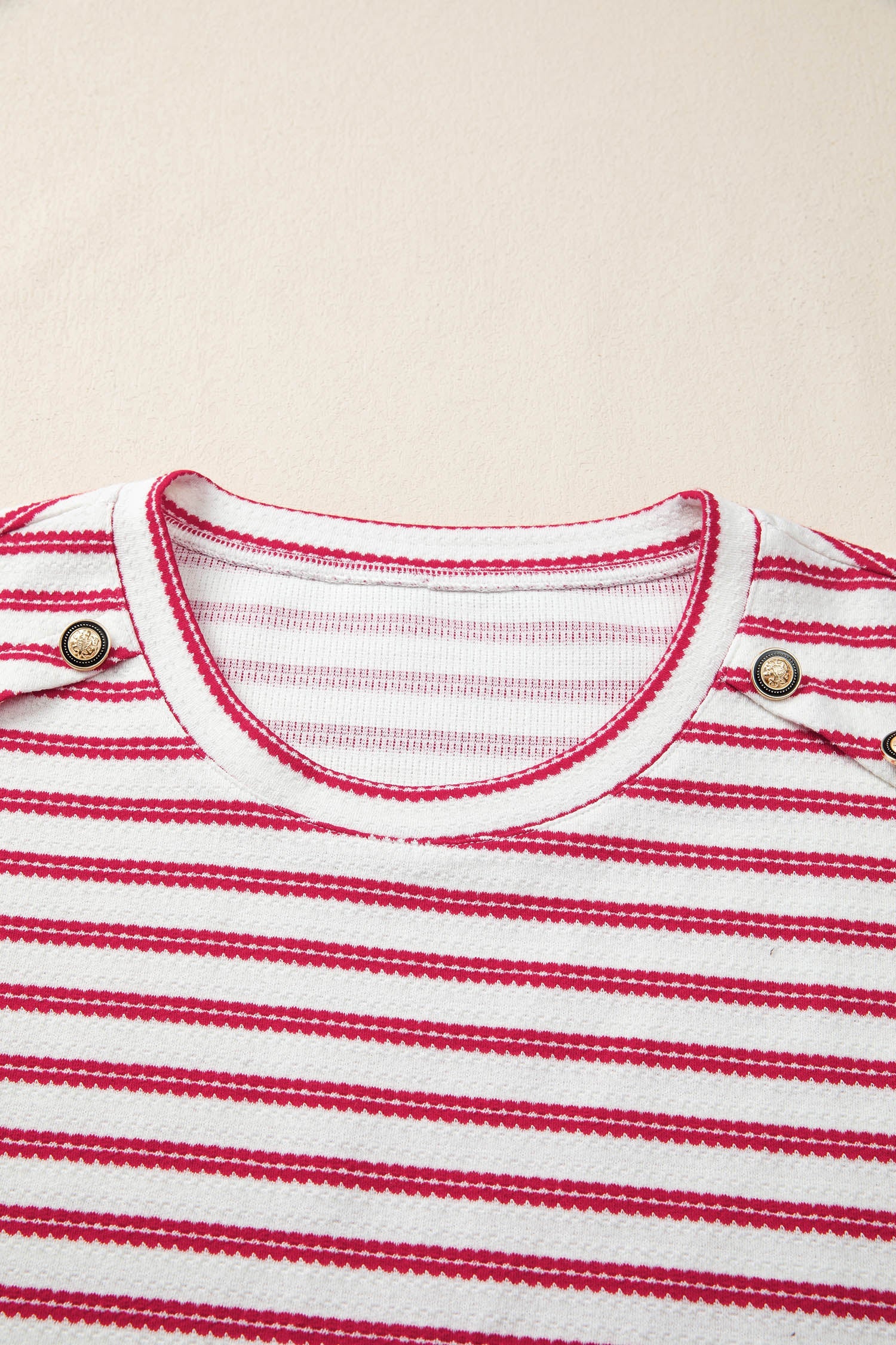 Stripe Textured Knit Button Detail Short Sleeve Casual Tee