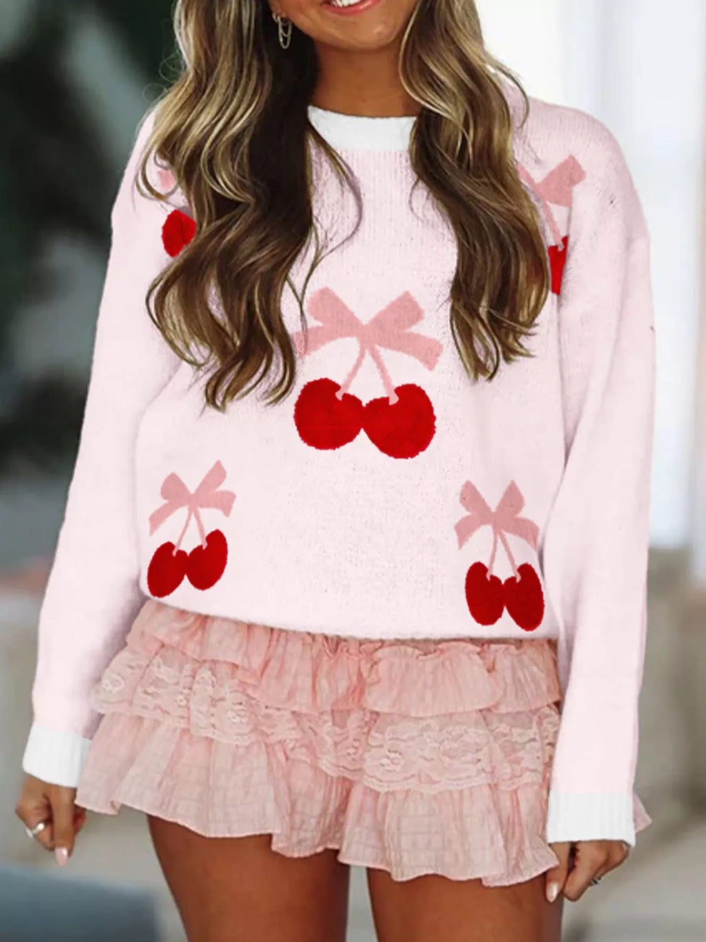 Cherry Pattern Drop Shoulder Sweater