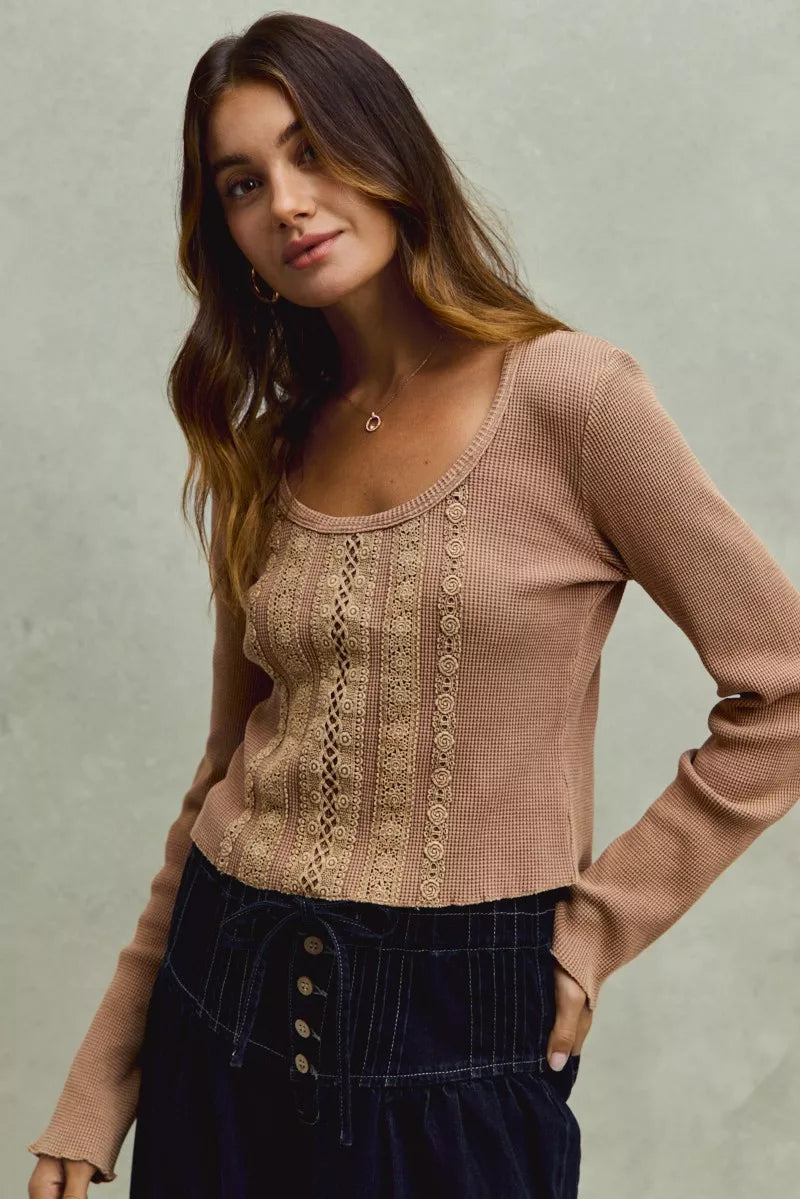 SO ME Vintage Washed Lace Crop Thermal Washed Knit Top