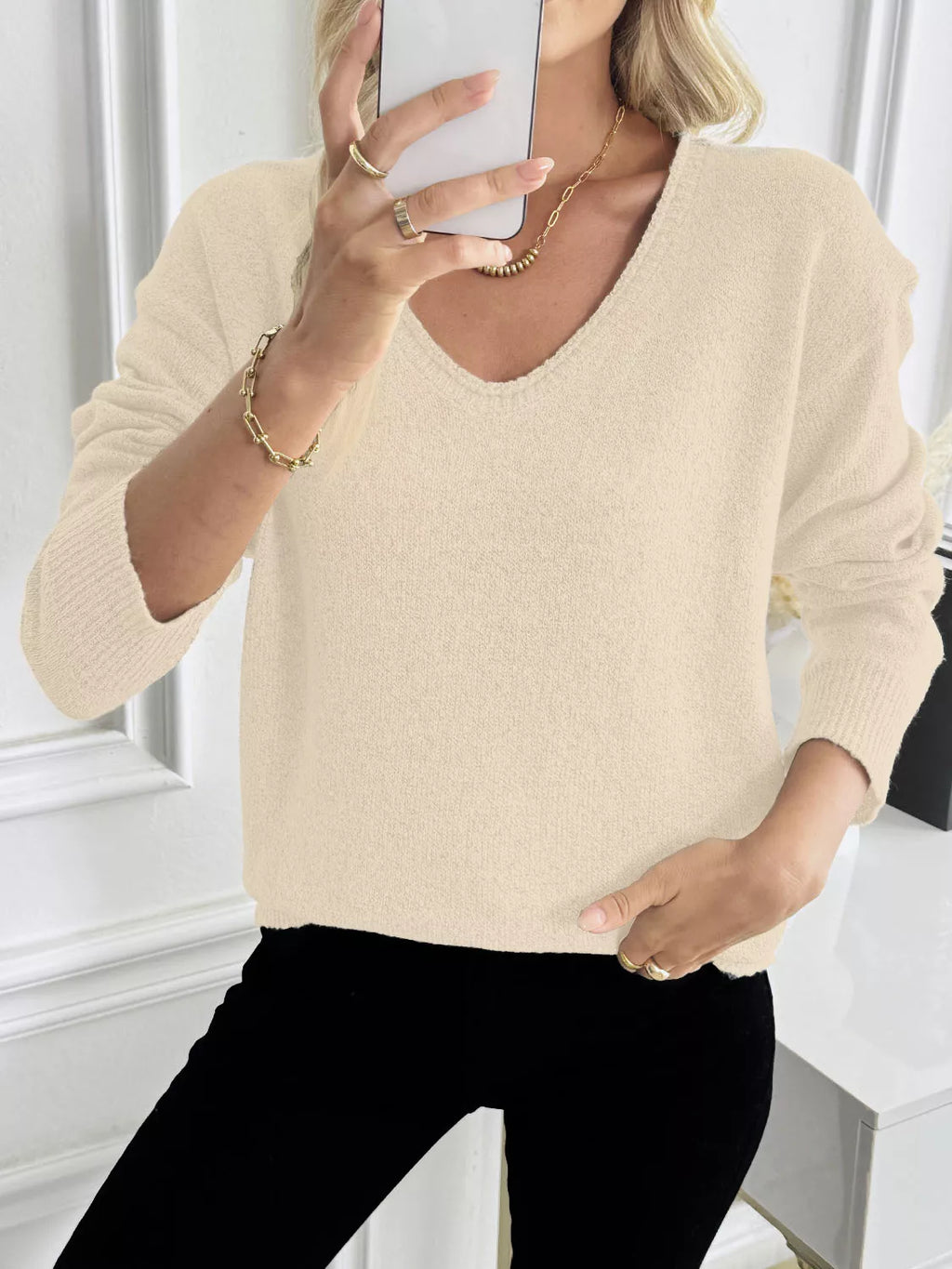 Casual V-Neck Drop Shoulder Sweater