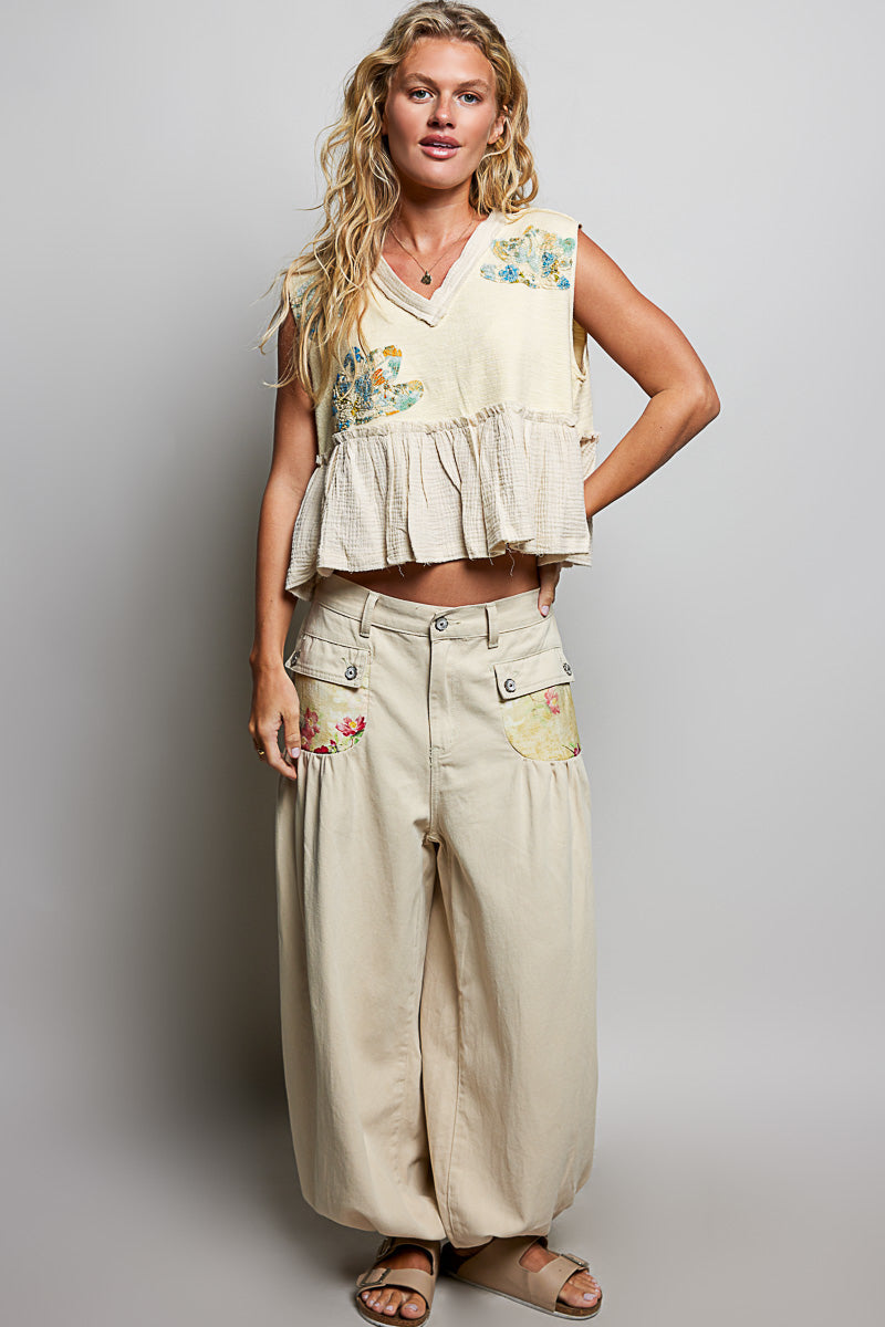 POL Floral Patch Ruffled Sleeveless Top with Raw Edge Detail