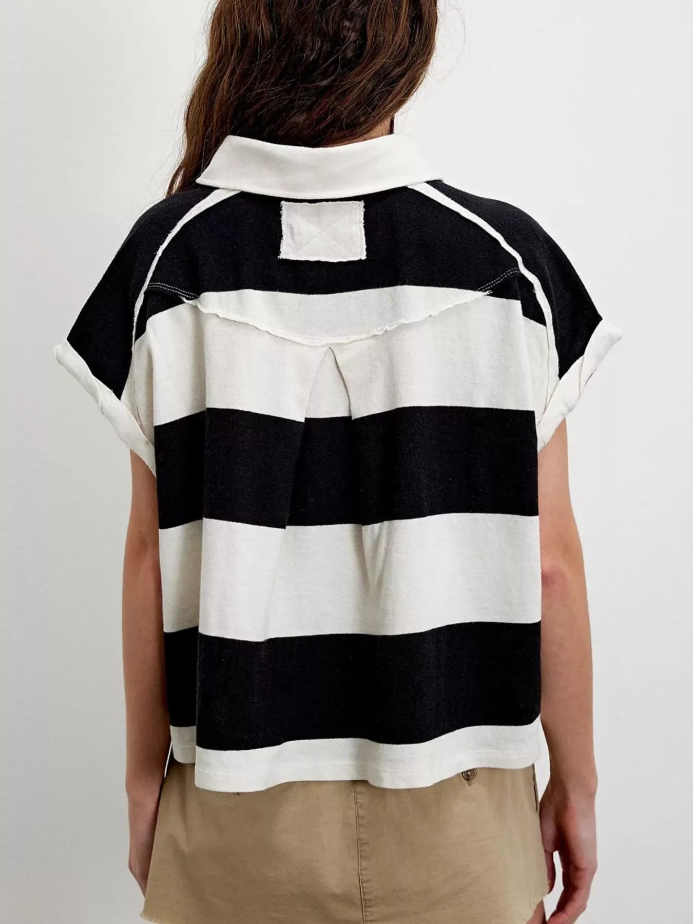 Half Button Striped Short Sleeve Cropped Polo Shirt