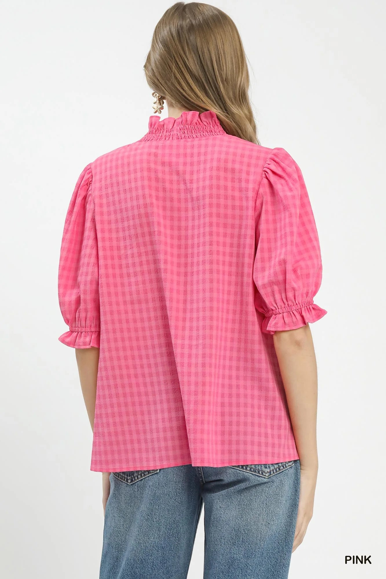 Umgee Textured Check Ruffle V-Neck Blouse